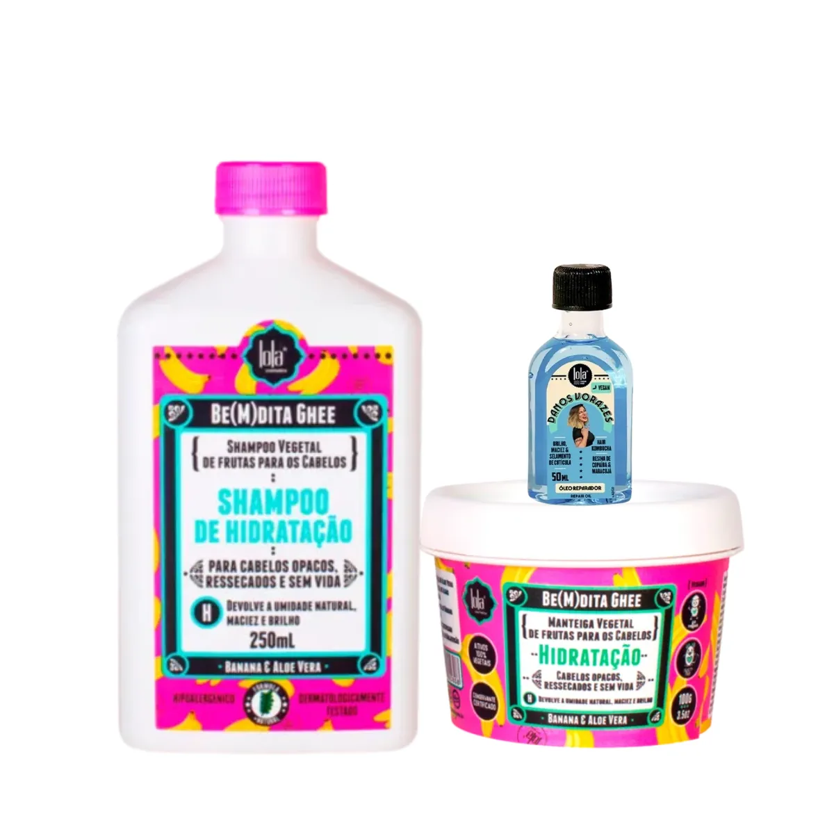 Kit Lola Bemdita Ghee Hidratação Sh 250ml + Masc 100ml + Danos Vorazes Óleo 50ml | By Linda