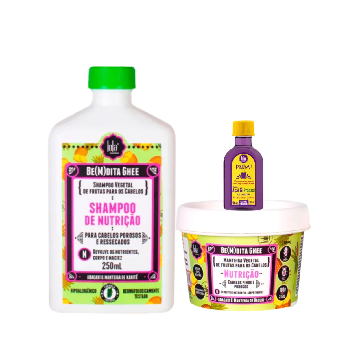 Kit Lola Bemdita Ghee Nutrição Sh 250ml + Masc 100ml + Pinga! Óleo Açaí e Pracaxi 50ml | By Linda