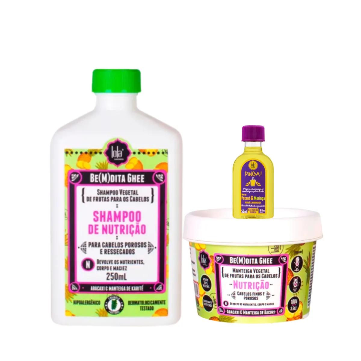 Kit Lola Bemdita Ghee Nutrição Sh 250ml + Masc 100ml + Pinga! Óleo Pataúa e Moringa 50ml | By Linda