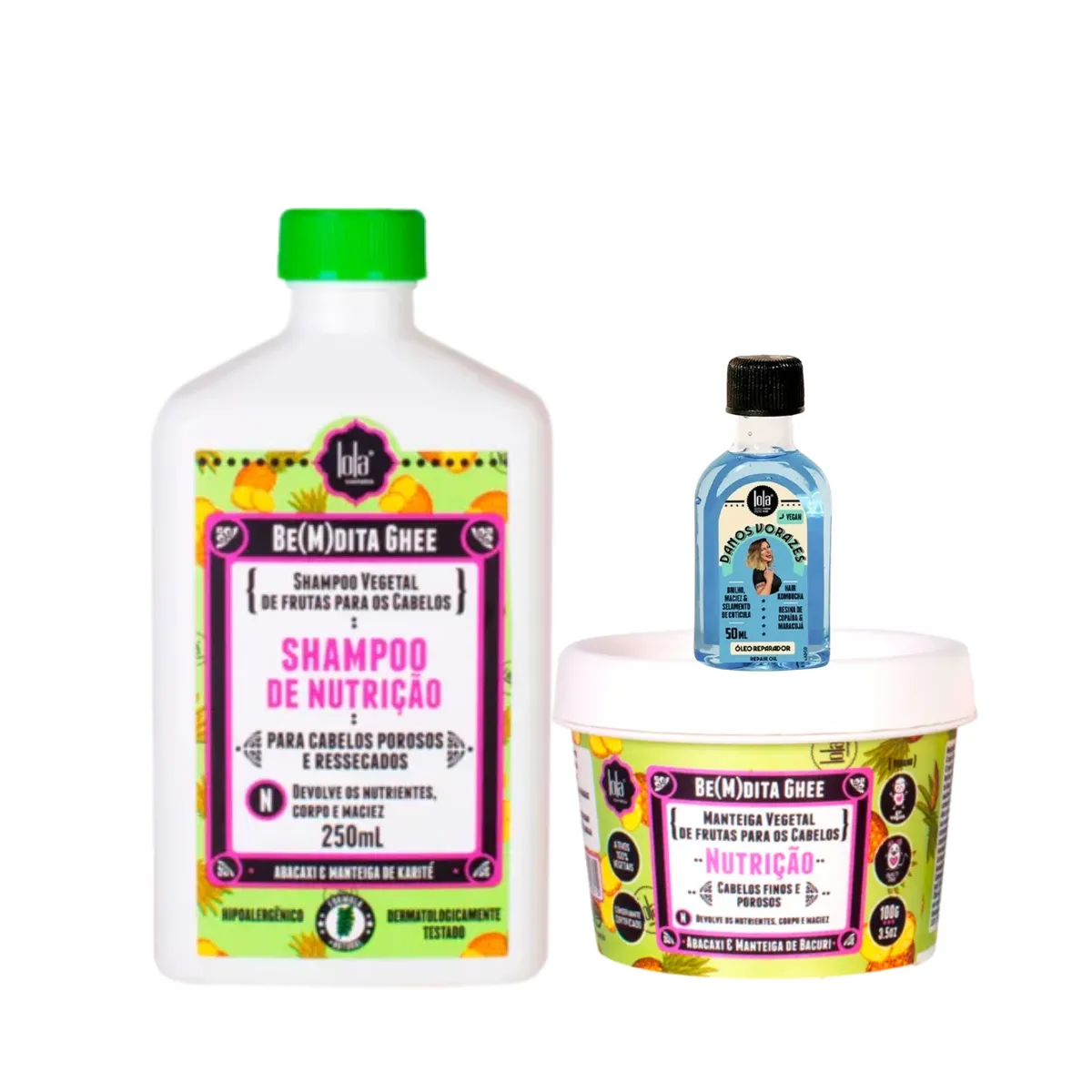 Kit Lola Bemdita Ghee Nutrição Sh 250ml + Masc 100ml + Danos Vorazes Óleo 50ml | By Linda