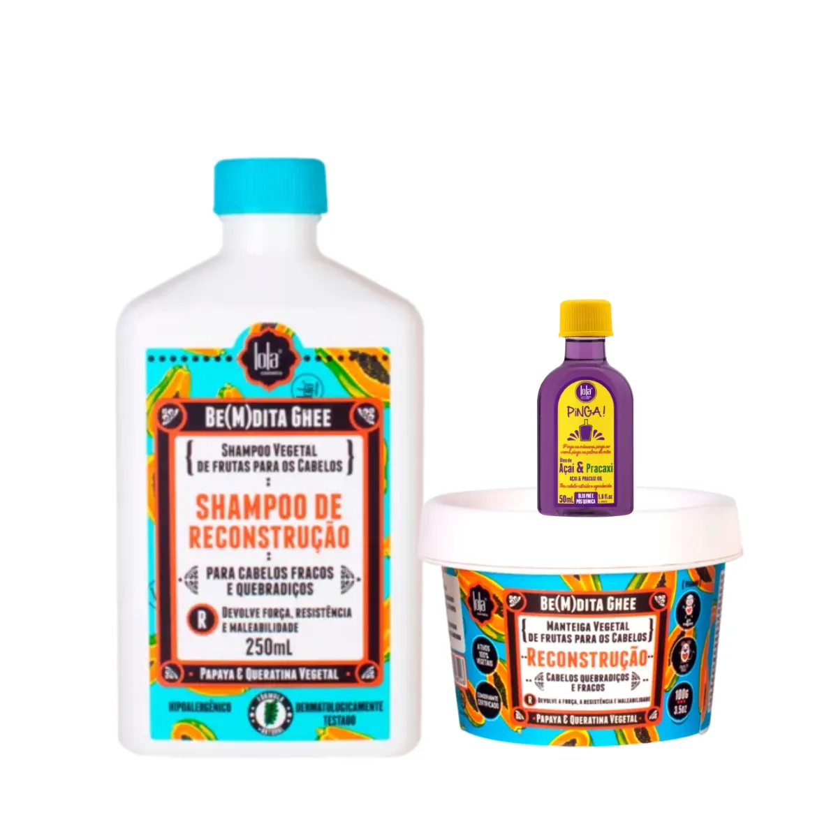 Kit Lola Bemdita Ghee Reconstrução Sh 250ml + Masc 100ml + Pinga! Óleo Açaí e Pracaxi 50ml | By Linda