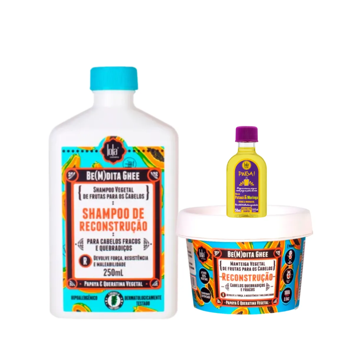 Kit Lola Bemdita Ghee Reconstrução Sh 250ml + Masc 100ml + Pinga! Óleo Pataúa e Moringa 50ml | By Linda