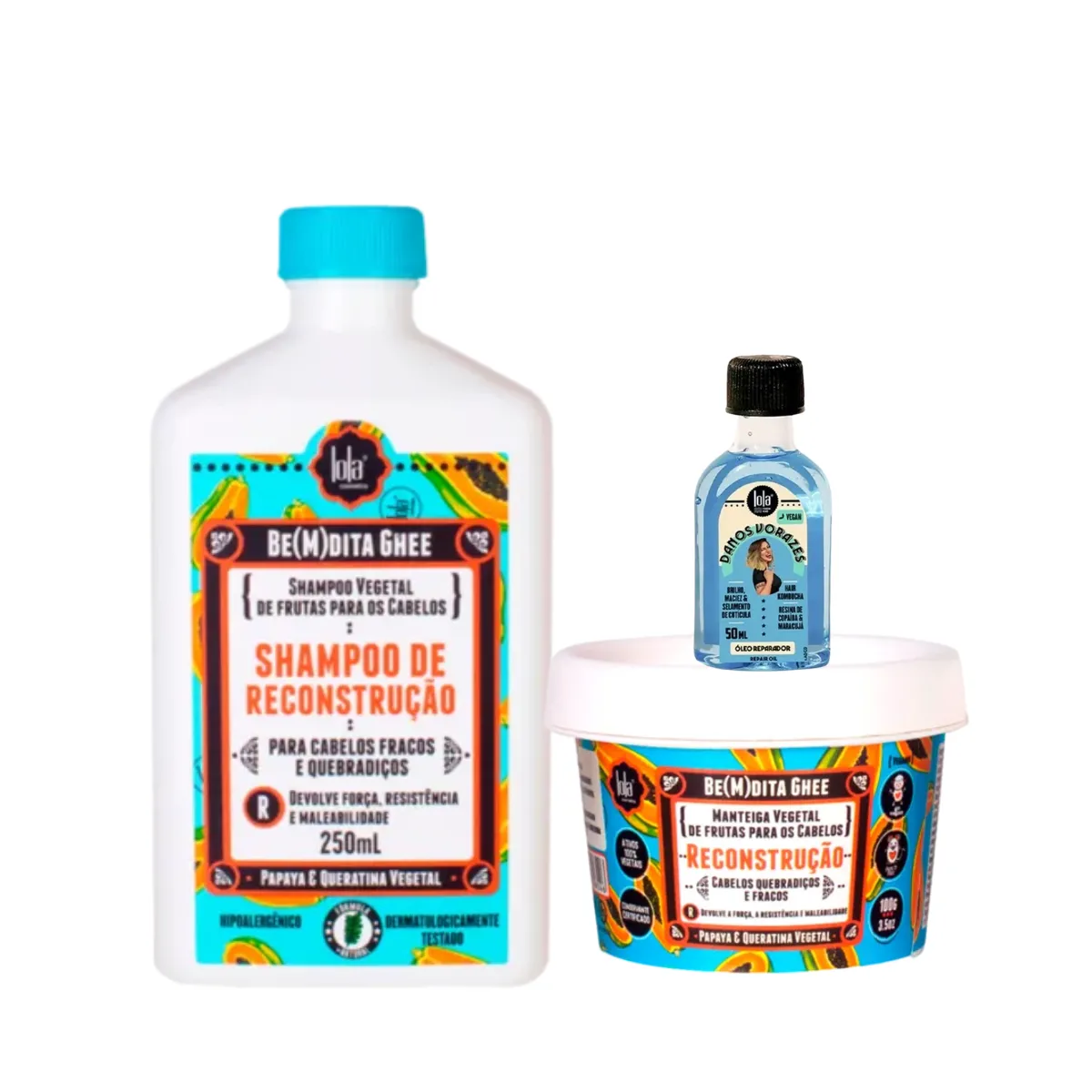 Kit Lola Bemdita Ghee Reconstrução Sh 250ml + Masc 100ml + Danos Vorazes Óleo 50ml | By Linda