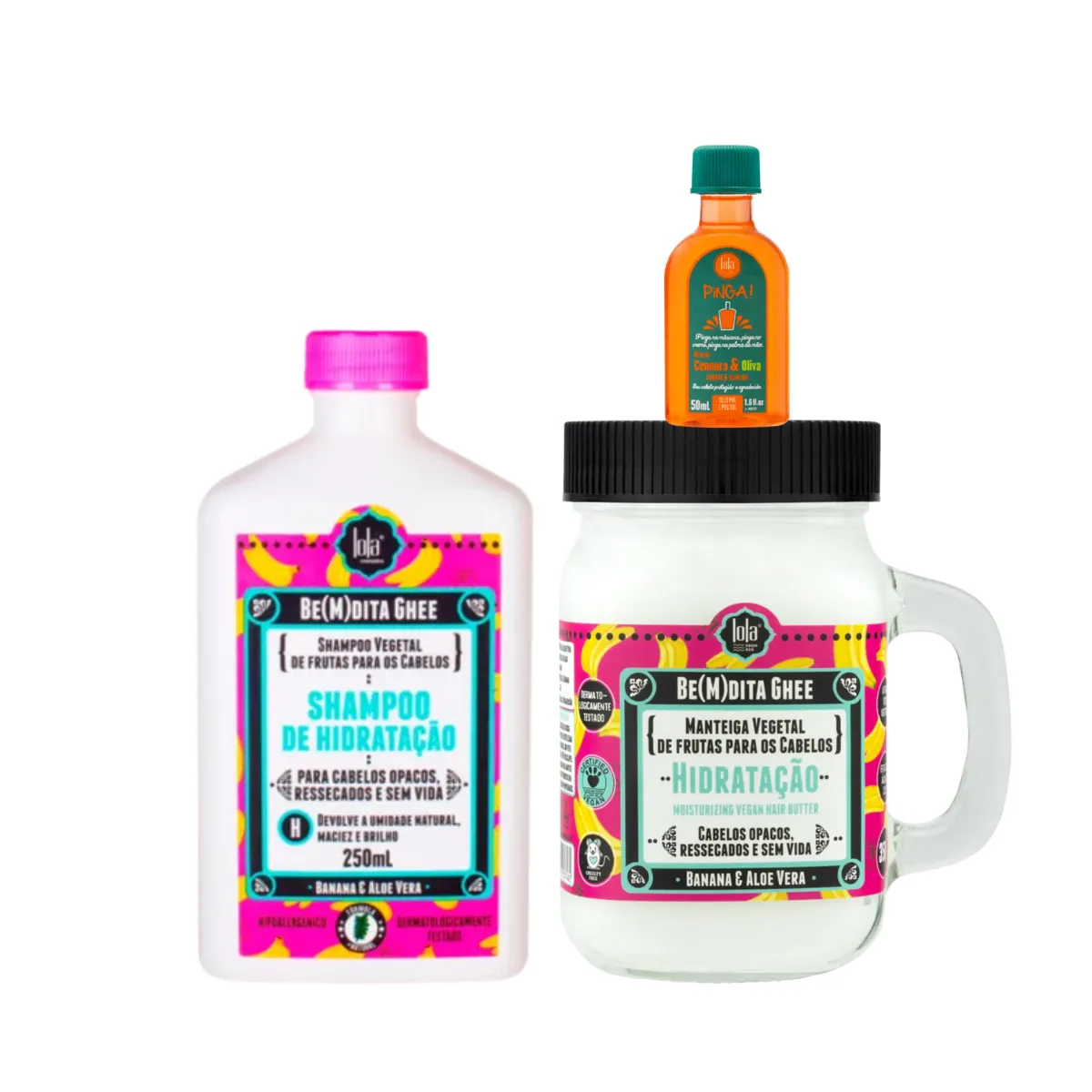 Kit Lola Bemdita Ghee Hidratação Sh 250ml + Masc 350ml + Pinga! Óleo Cenoura e Oliva 50ml | By Linda