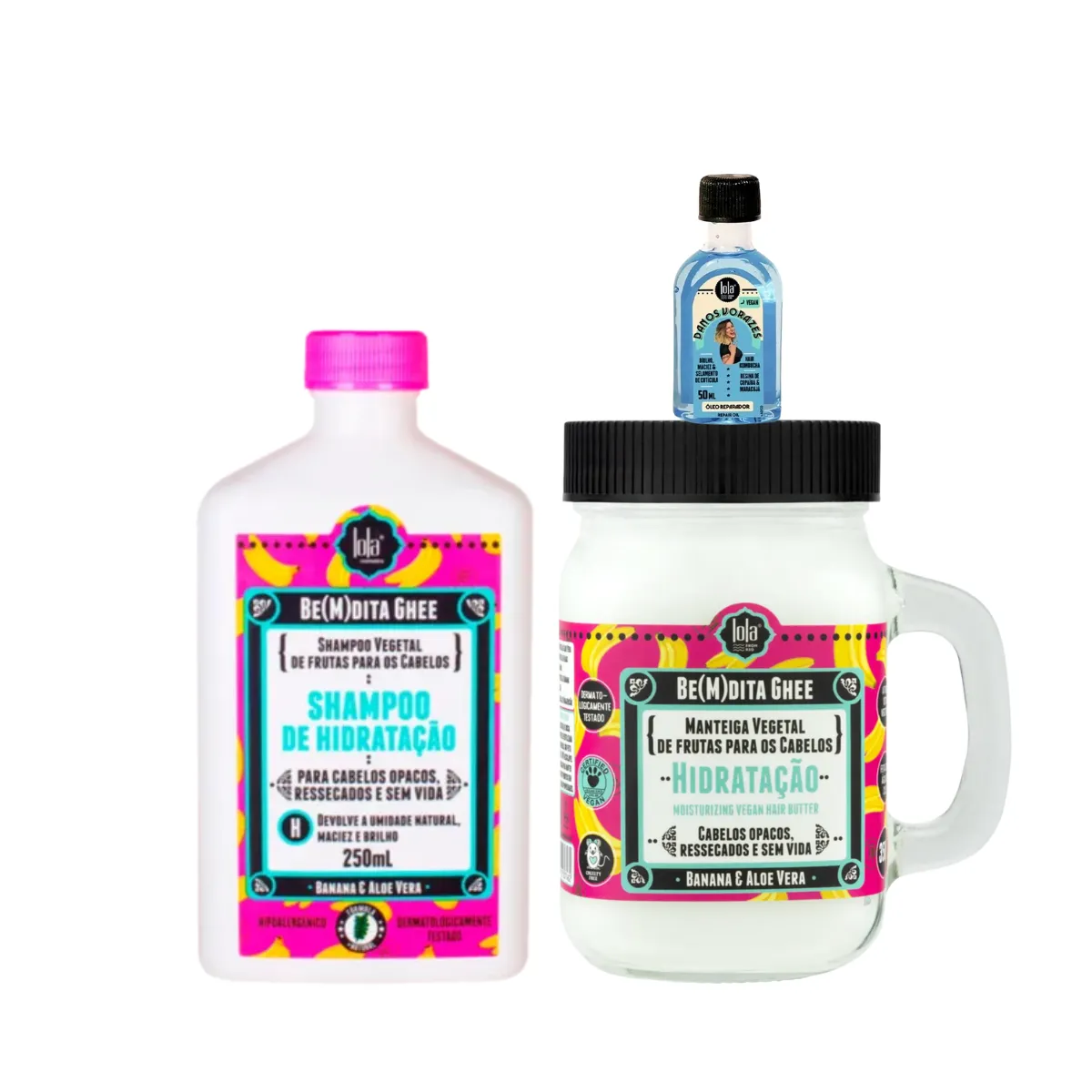 Kit Lola Bemdita Ghee Hidratação Sh 250ml + Masc 350ml + Danos Vorazes Óleo 50ml | By Linda