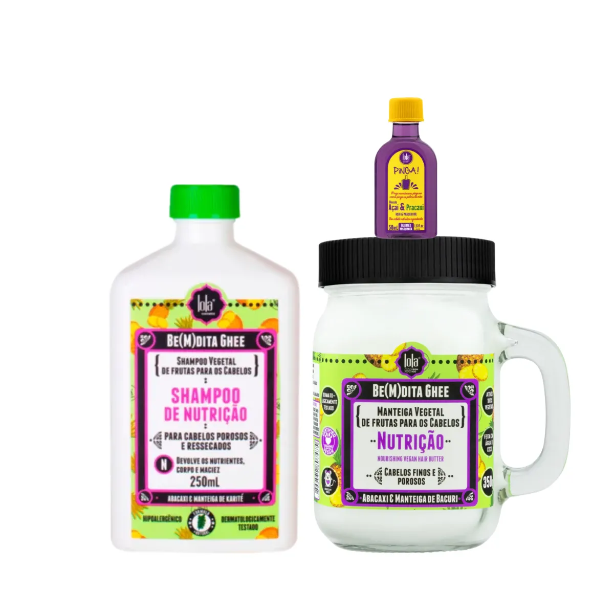 Kit Lola Bemdita Ghee Nutrição Sh 250ml + Masc 350ml + Pinga! Óleo Açaí e Pracaxi 50ml | By Linda