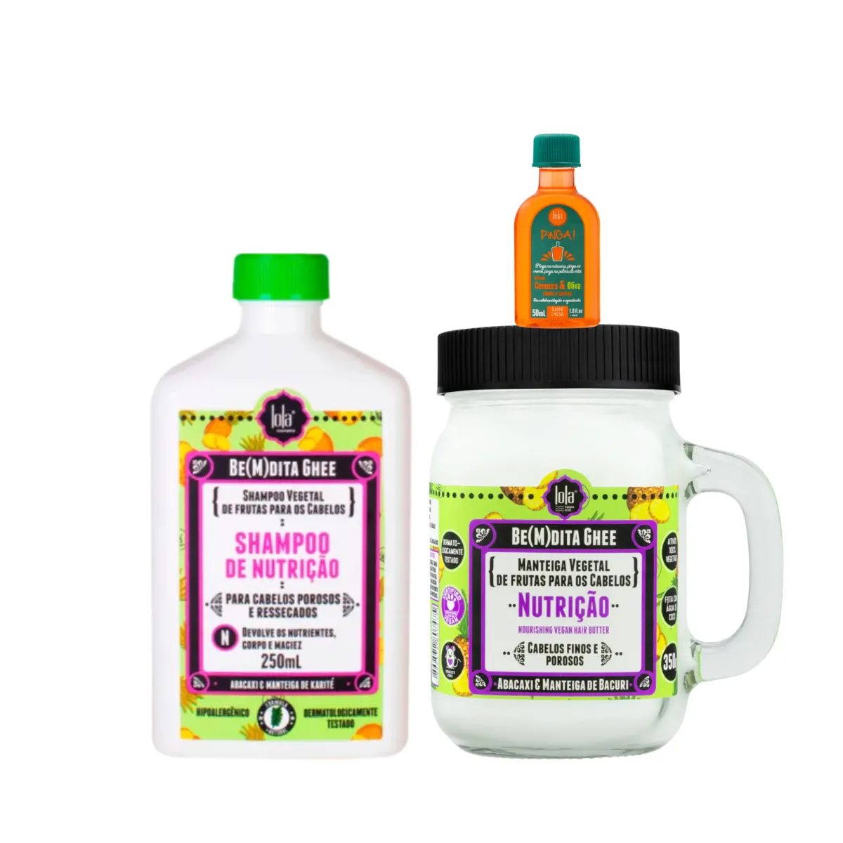 Kit Lola Bemdita Ghee Nutrição Sh 250ml + Masc 350ml + Pinga! Óleo Cenoura e Oliva 50ml | By Linda