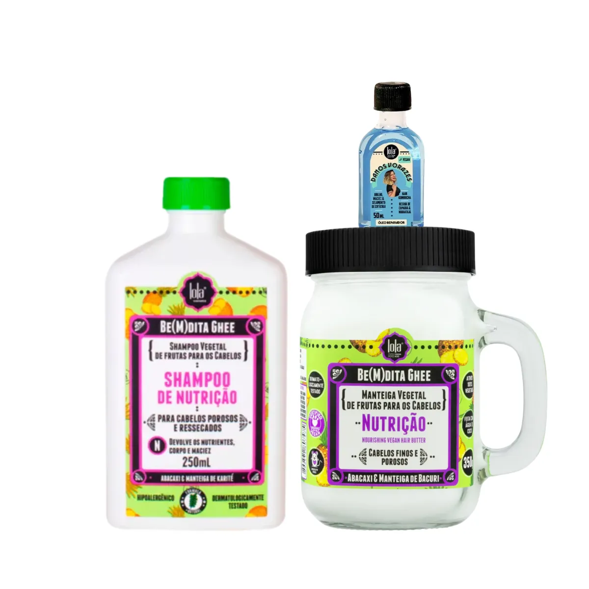 Kit Lola Bemdita Ghee Nutrição Sh 250ml + Masc 350ml + Danos Vorazes Óleo 50ml | By Linda