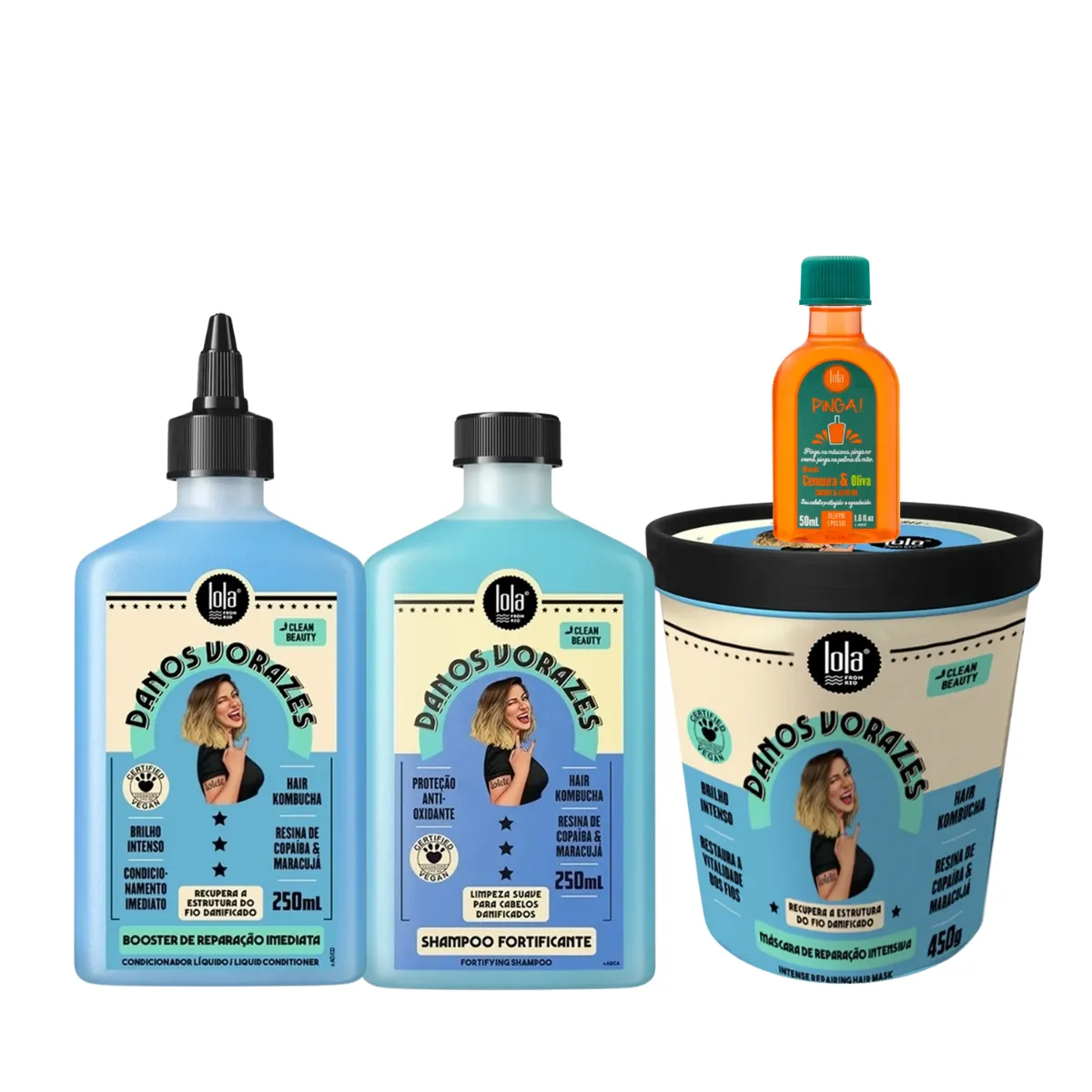Kit Lola Danos Vorazes Sh 250ml + Masc 450ml + Booster Reparação 250ml + Pinga! Óleo Cenoura e Oliva | By Linda