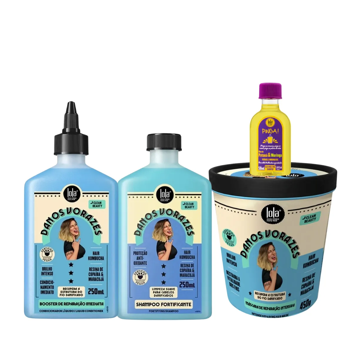 Kit Lola Danos Vorazes Sh 250ml + Masc 450ml + Booster Reparação + Pinga! Óleo Pataúa e Moringa | By Linda