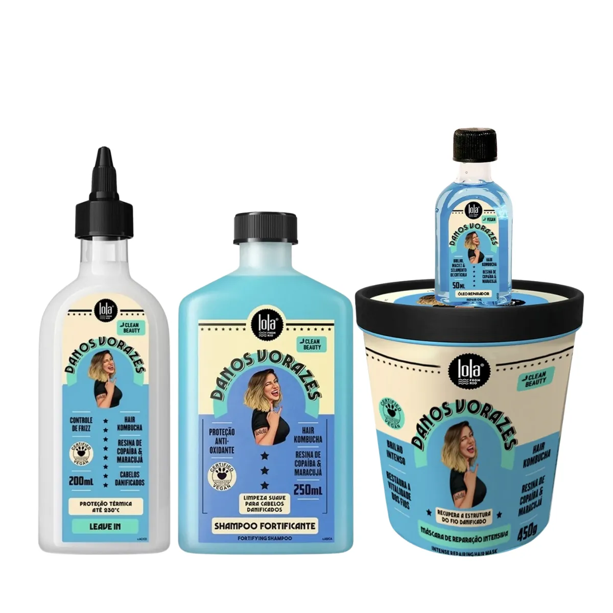 Kit Lola Danos Vorazes Sh 250ml + Masc 450ml + Leave-in Finalizador + Danos Vorazes Óleo Reparador | By Linda