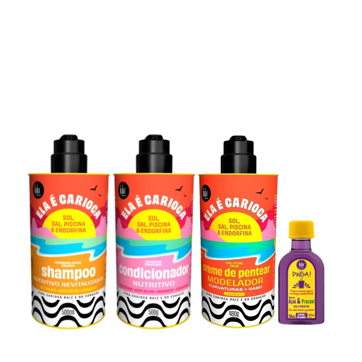 Kit Lola Ela é Carioca Sh 500ml + Cond 500ml + Cpp 4ABC 480ml + Pinga! Óleo Açaí e Pracaxi 50ml | By Linda