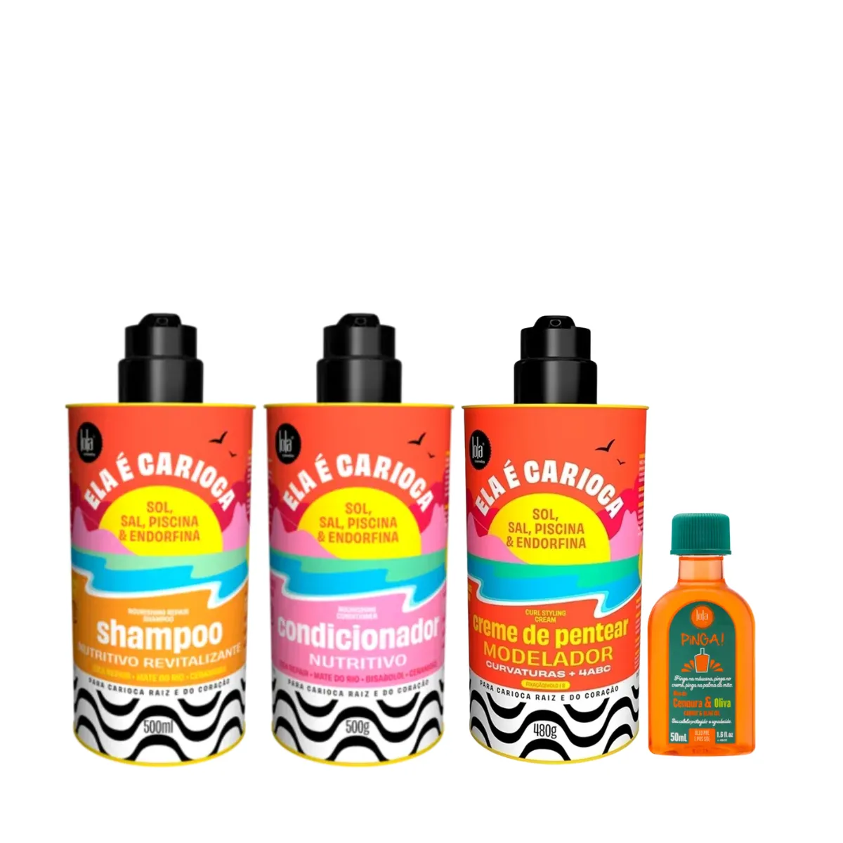 Kit Lola Ela é Carioca Sh 500ml + Cond 500ml + Cpp 4ABC 480ml + Pinga! Óleo Cenoura e Oliva 50ml | By Linda
