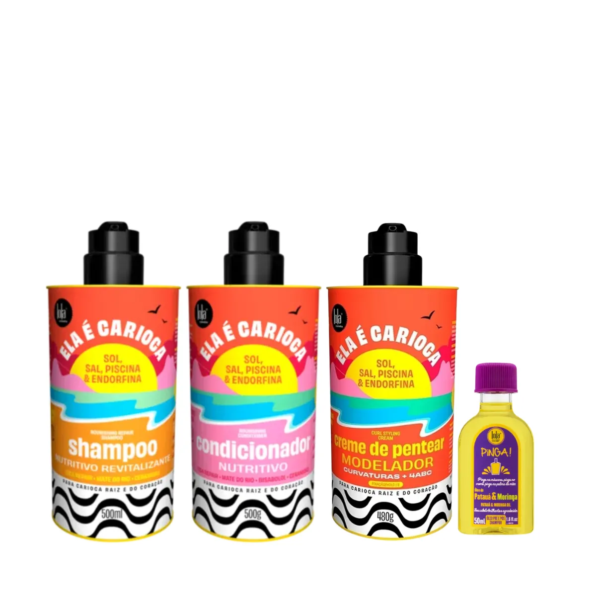 Kit Lola Ela é Carioca Sh 500ml + Cond 500ml + Cpp 4ABC 480ml + Pinga! Óleo Pataúa e Moringa 50ml | By Linda