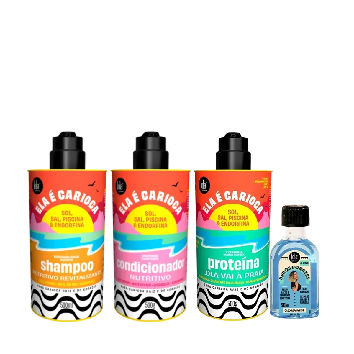 Kit Lola Ela é Carioca Sh 500ml + Cond 500ml + Proteína 500ml + Danos Vorazes Óleo Reparador 50ml | By Linda