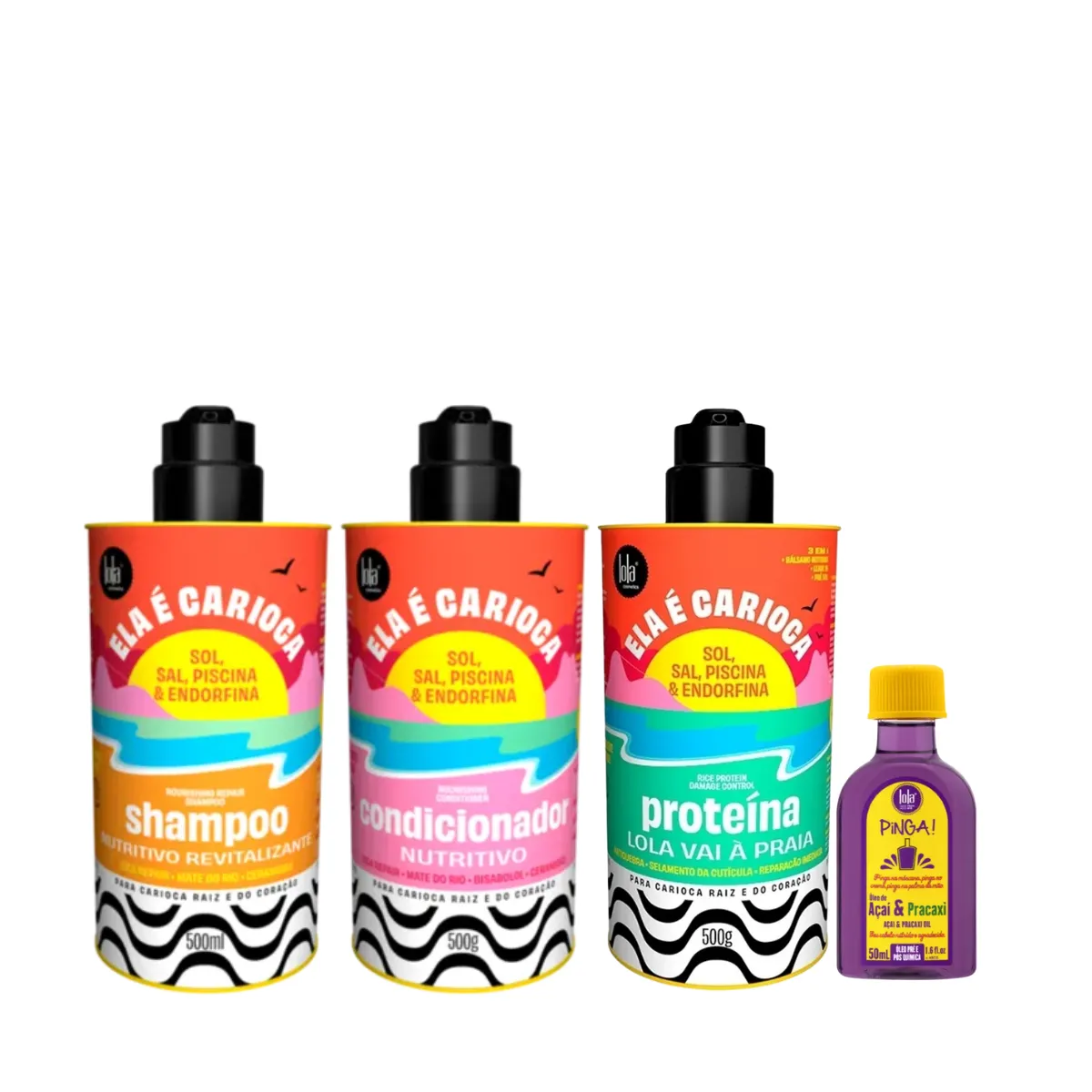 Kit Lola Ela é Carioca Sh 500ml + Cond 500ml + Proteína 500ml + Pinga! Óleo Açaí e Pracaxi 50ml | By Linda