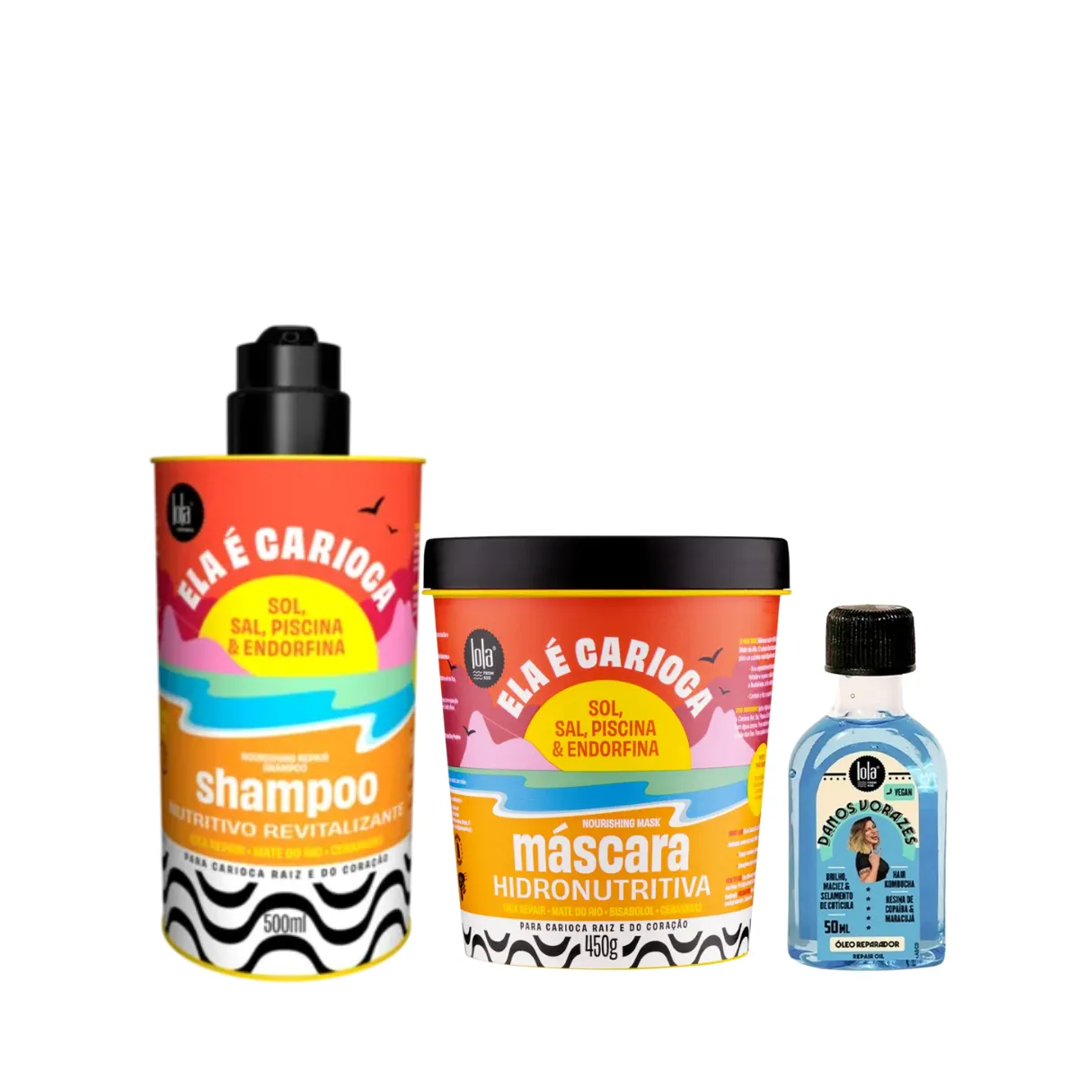 Kit Lola Ela é Carioca Sh 500ml + Masc 450ml + Danos Vorazes Óleo Reparador 50ml | By Linda