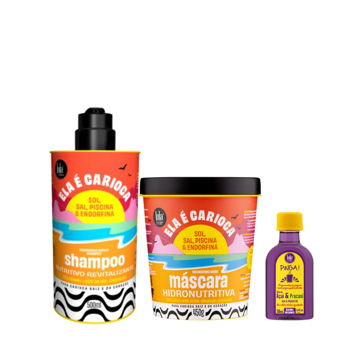 Kit Lola Ela é Carioca Sh 500ml + Masc 450ml + Pinga! Óleo Açaí e Pracaxi 50ml | By Linda