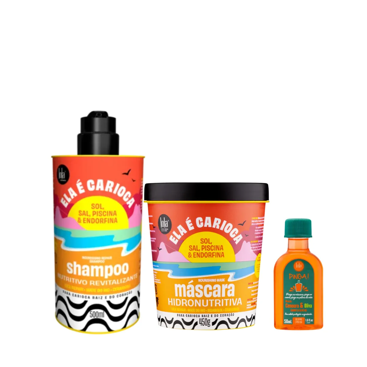 Kit Lola Ela é Carioca Sh 500ml + Masc 450ml + Pinga! Óleo Cenoura e Oliva 50ml | By Linda
