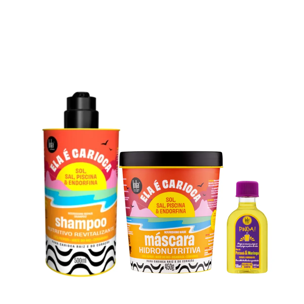 Kit Lola Ela é Carioca Sh 500ml + Masc 450ml + Pinga! Óleo Pataúa e Moringa 50ml | By Linda
