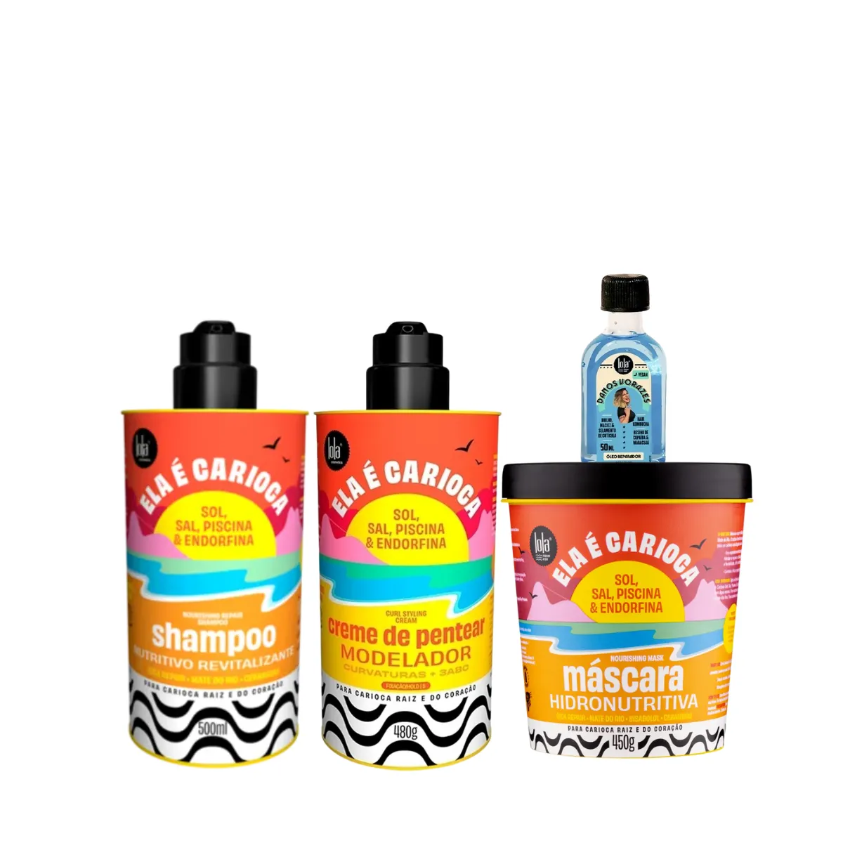 Kit Lola Ela é Carioca Sh 500ml + Masc 450ml + Cpp 3ABC 480ml + Danos Vorazes Óleo Reparador 50ml | By Linda