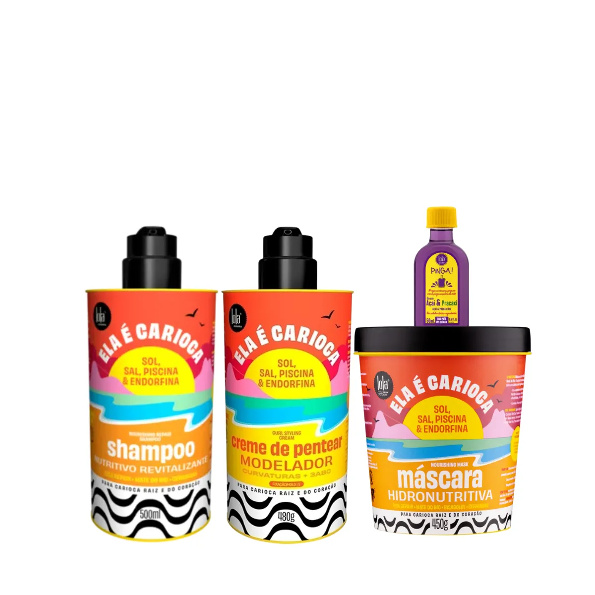 Kit Lola Ela é Carioca Sh 500ml + Masc 450ml + Cpp 3ABC 480ml + Pinga! Óleo Açaí e Pracaxi 50ml | By Linda