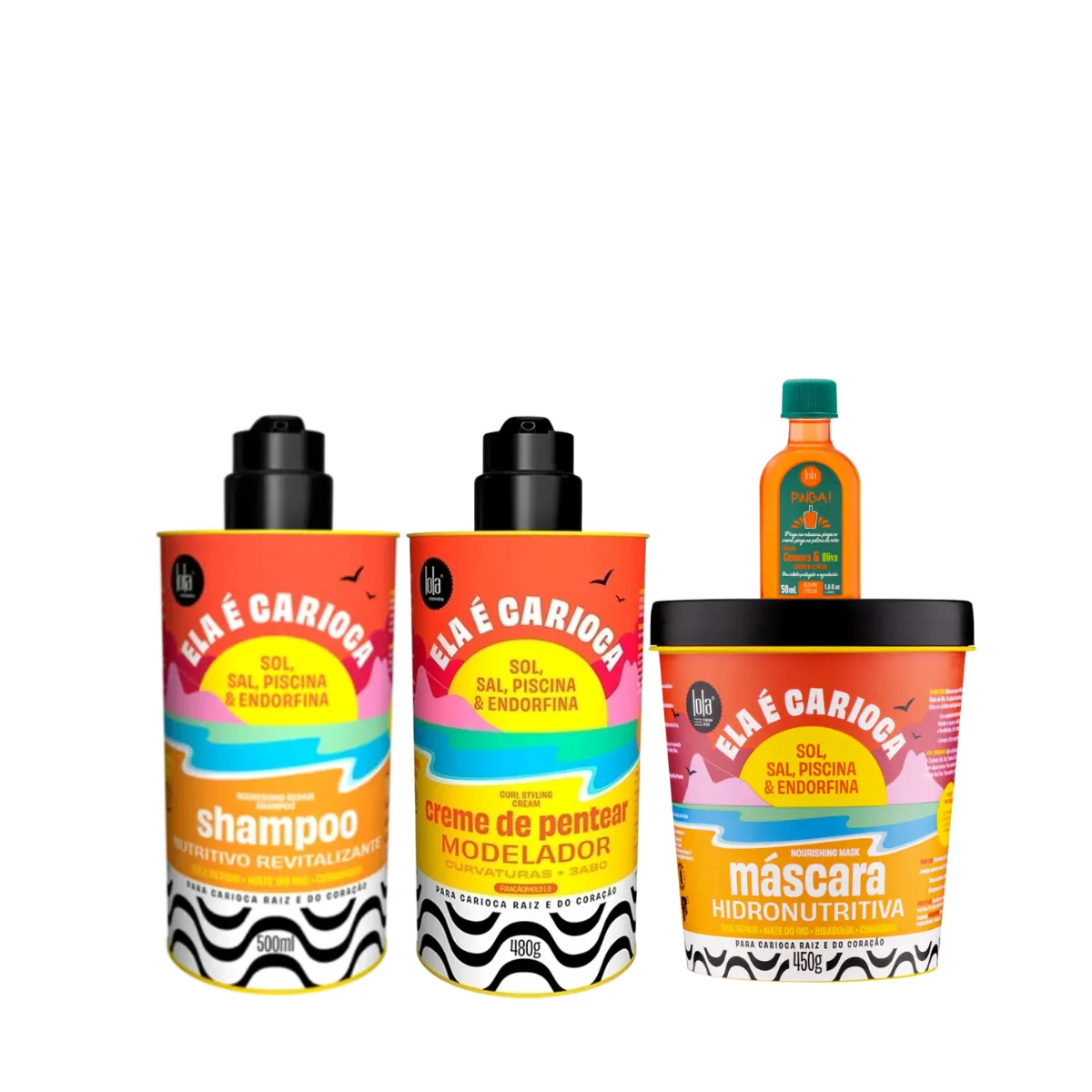 Kit Lola Ela é Carioca Sh 500ml + Masc 450ml + Cpp 3ABC 480ml + Pinga! Óleo Cenoura e Oliva 50ml | By Linda
