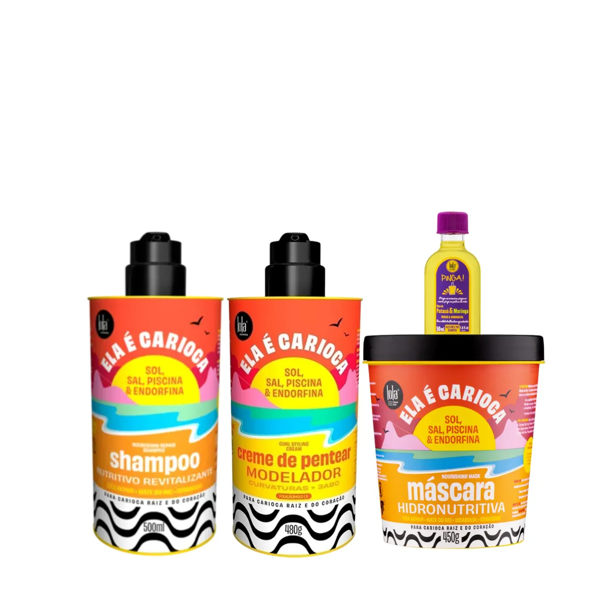 Kit Lola Ela é Carioca Sh 500ml + Masc 450ml + Cpp 3ABC 480ml + Pinga! Óleo Pataúa e Moringa 50ml | By Linda
