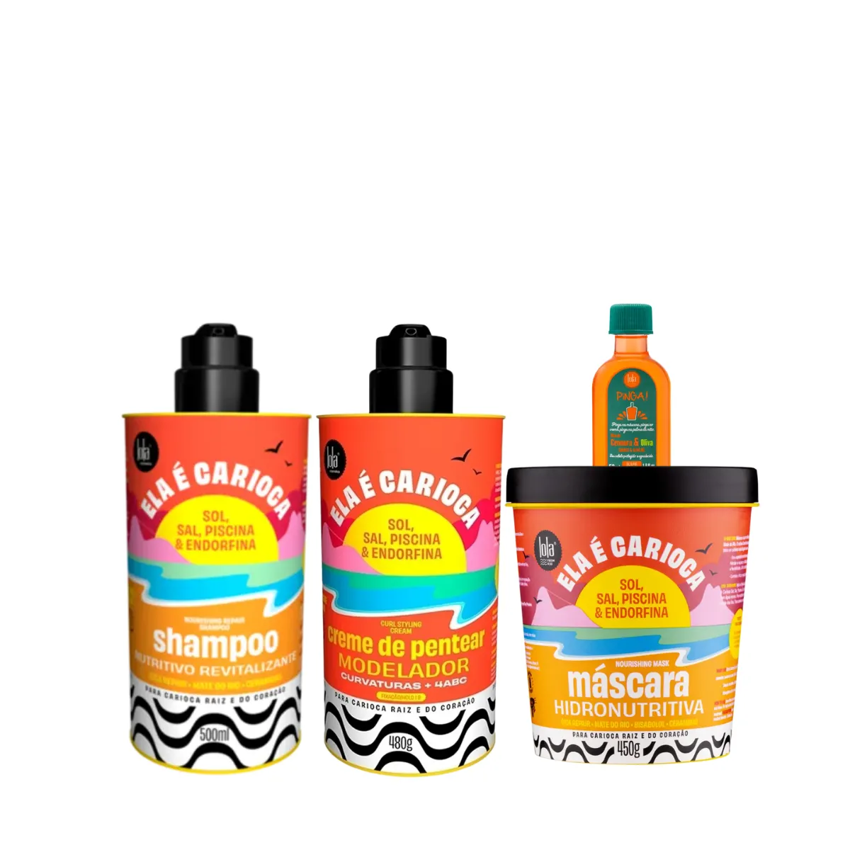 Kit Lola Ela é Carioca Sh 500ml + Masc 450ml + Cpp 4ABC 480ml + Pinga! Óleo Cenoura e Oliva 50ml | By Linda