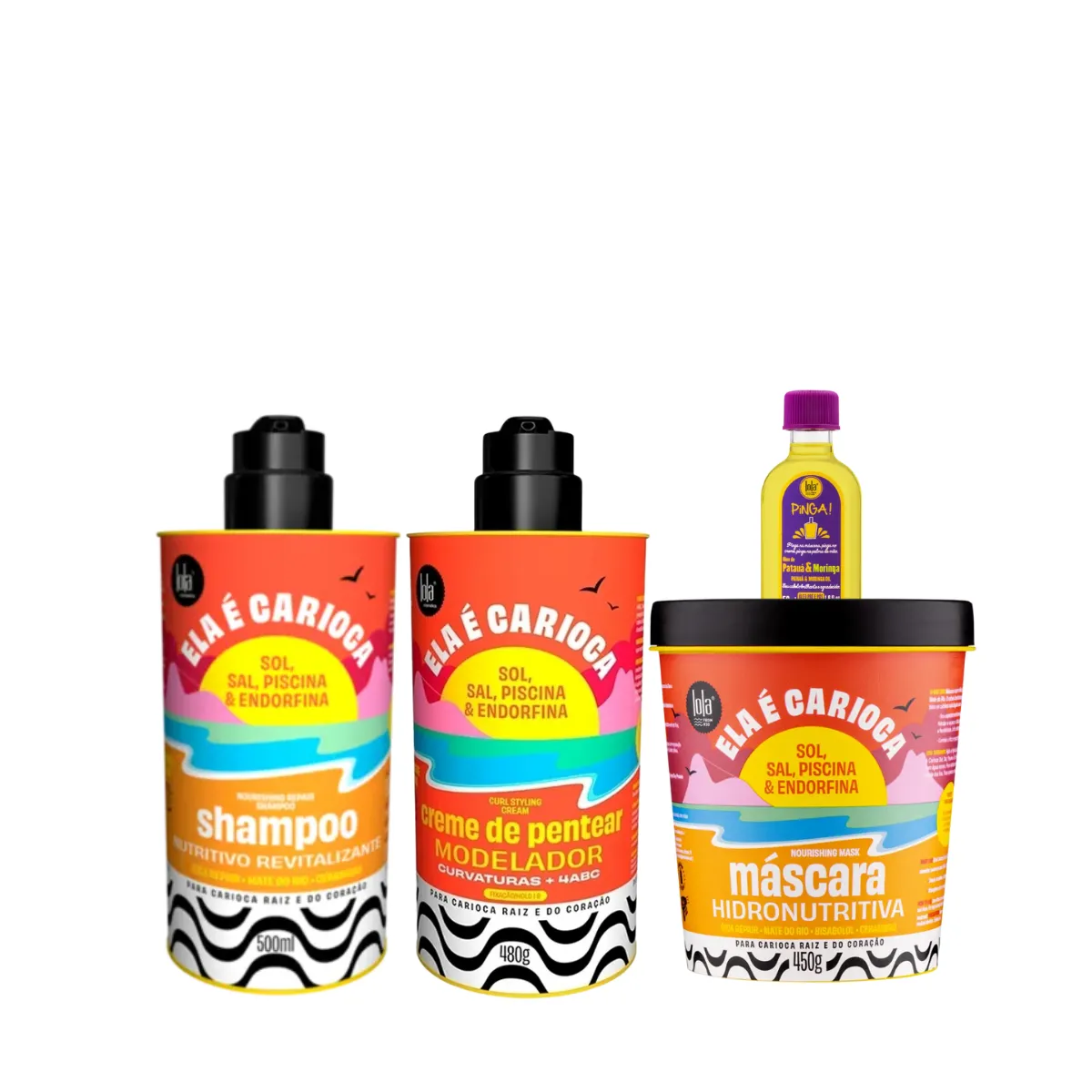 Kit Lola Ela é Carioca Sh 500ml + Masc 450ml + Cpp 4ABC 480ml + Pinga! Óleo Pataúa e Moringa 50ml | By Linda