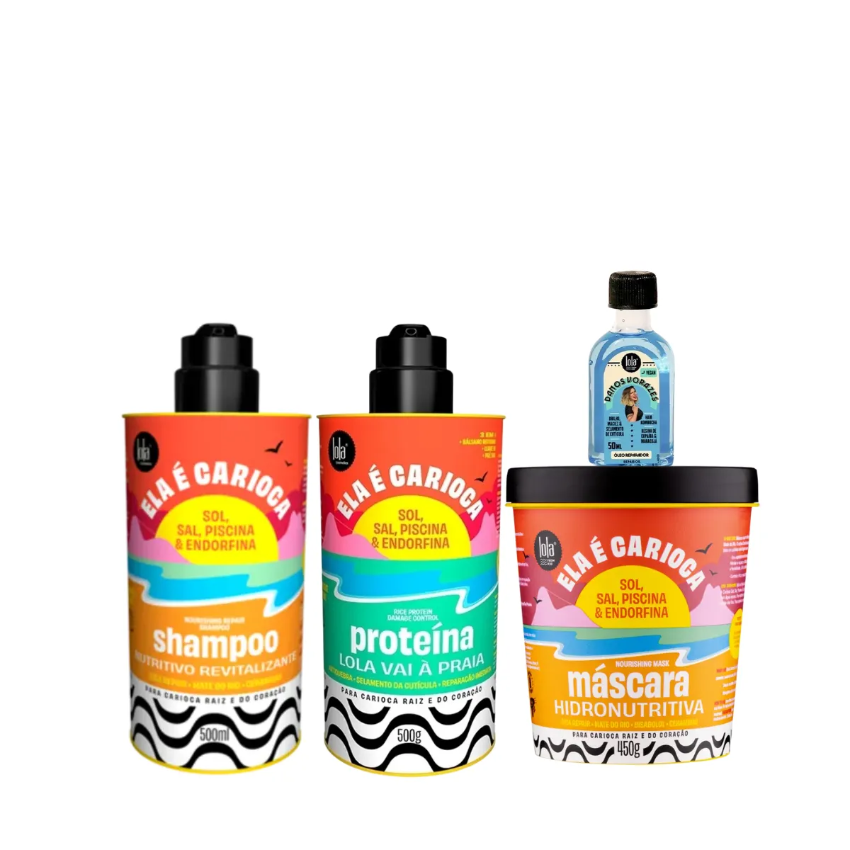 Kit Lola Ela é Carioca Sh 500ml + Masc 450ml + Proteína 500ml + Danos Vorazes Óleo Reparador 50ml | By Linda