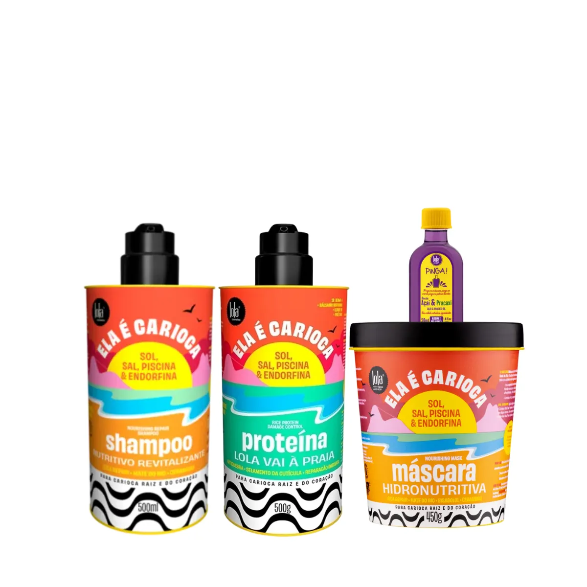 Kit Lola Ela é Carioca Sh 500ml + Masc 450ml + Proteína 500ml + Pinga! Óleo Açaí e Pracaxi 50ml | By Linda