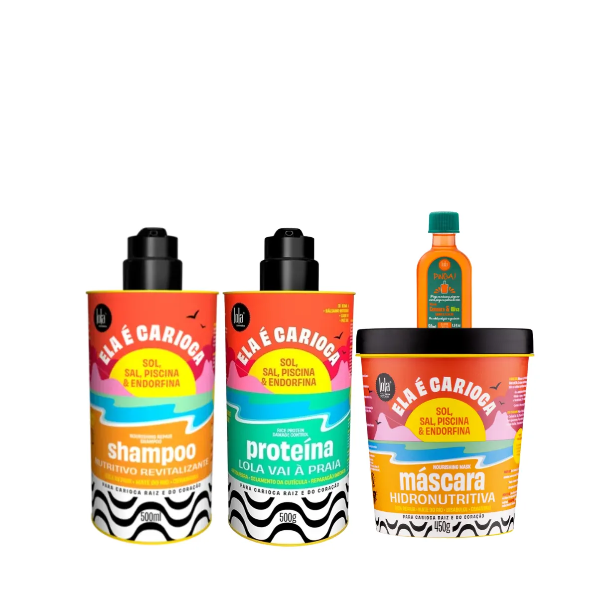 Kit Lola Ela é Carioca Sh 500ml + Masc 450ml + Proteína 500ml + Pinga! Óleo Cenoura e Oliva 50ml | By Linda