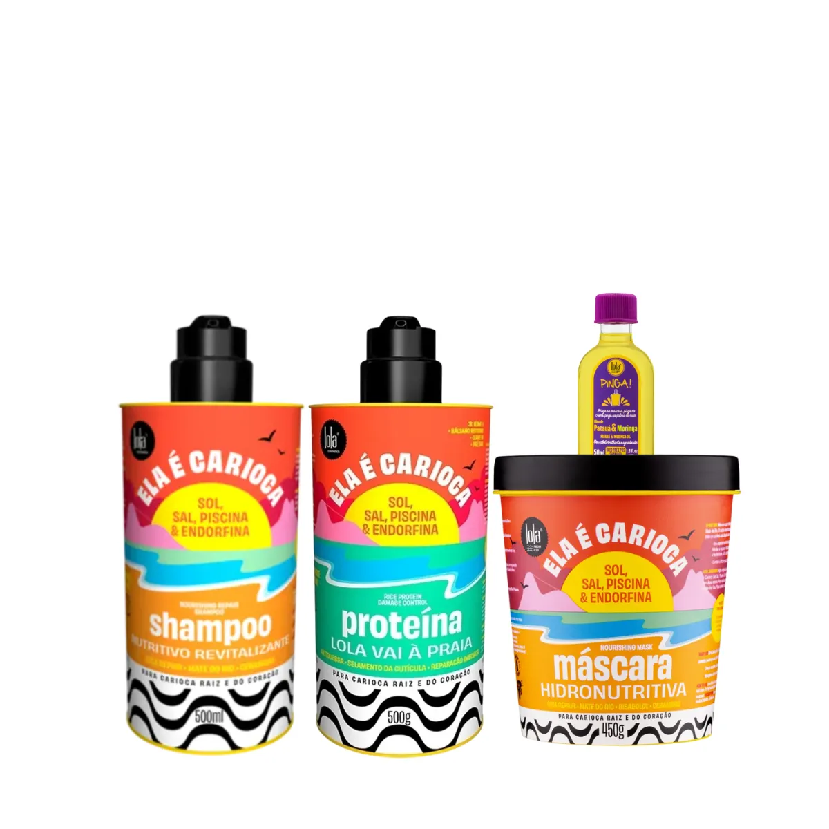 Kit Lola Ela é Carioca Sh 500ml + Masc 450ml + Proteína 500ml + Pinga! Óleo Pataúa e Moringa 50ml | By Linda