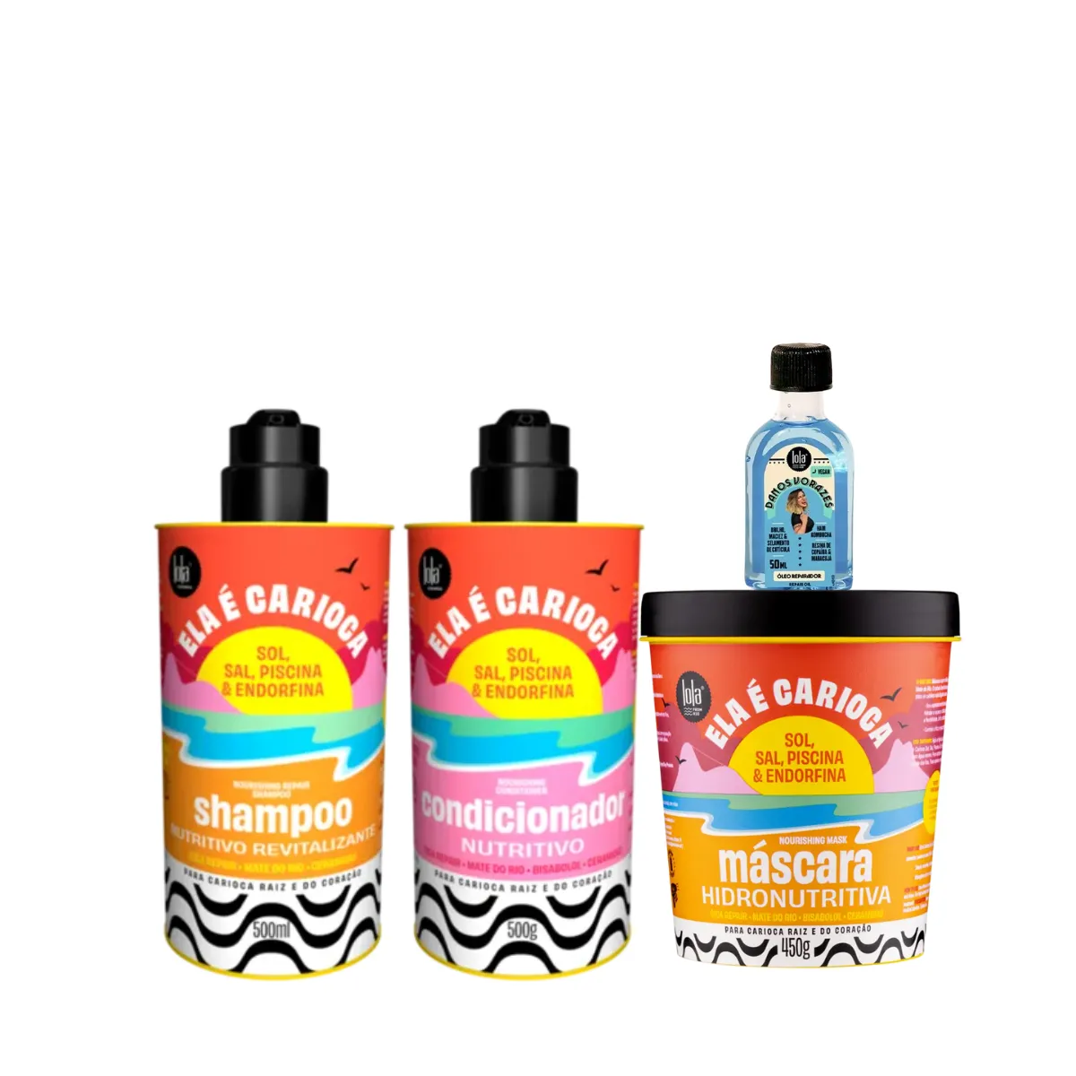 Kit Lola Ela é Carioca Sh 500ml + Cond 500ml + Masc 450ml + Danos Vorazes Óleo Reparador 50ml | By Linda