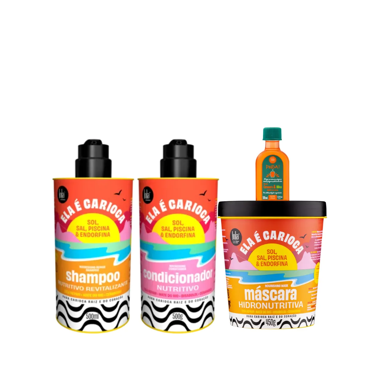 Kit Lola Ela é Carioca Sh 500ml + Cond 500ml + Masc 450ml + Pinga! Óleo Cenoura e Oliva 50ml | By Linda