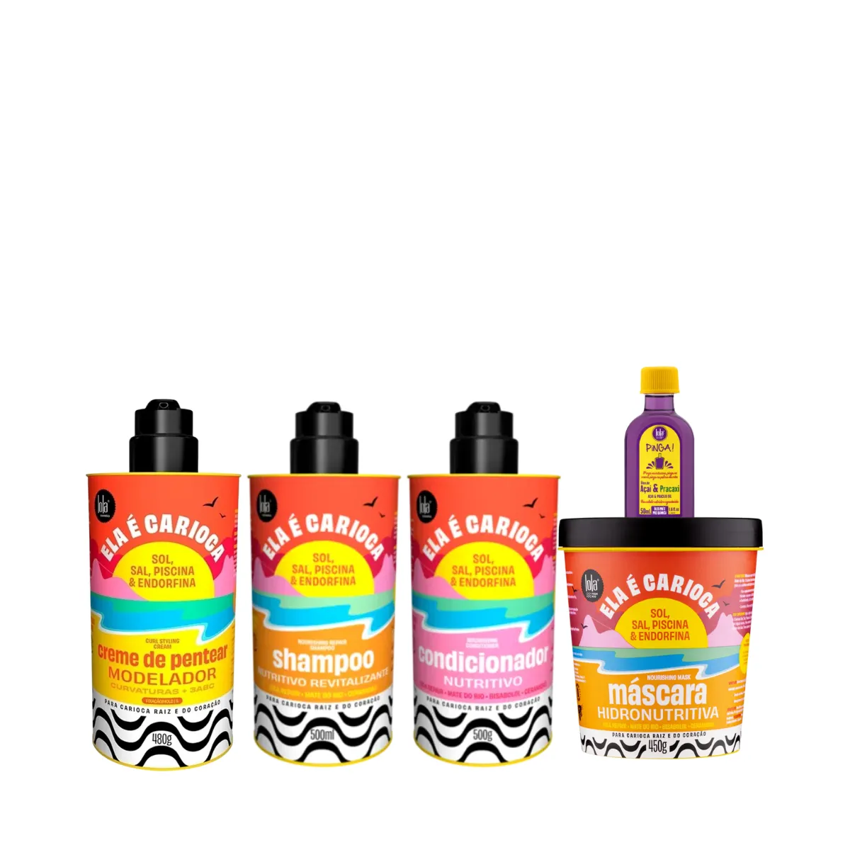 Kit Lola Ela é Carioca Shampoo + Condicionador + Mascara + Cpp 3ABC + Pinga! Óleo Açaí e Pracaxi | By Linda