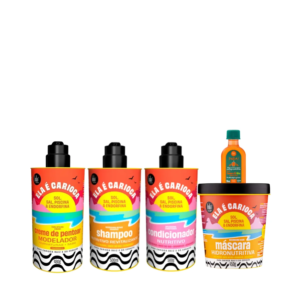 Kit Lola Ela é Carioca Shampoo + Condicionador + Mascara + Cpp 3ABC + Pinga! Óleo Cenoura e Oliva | By Linda