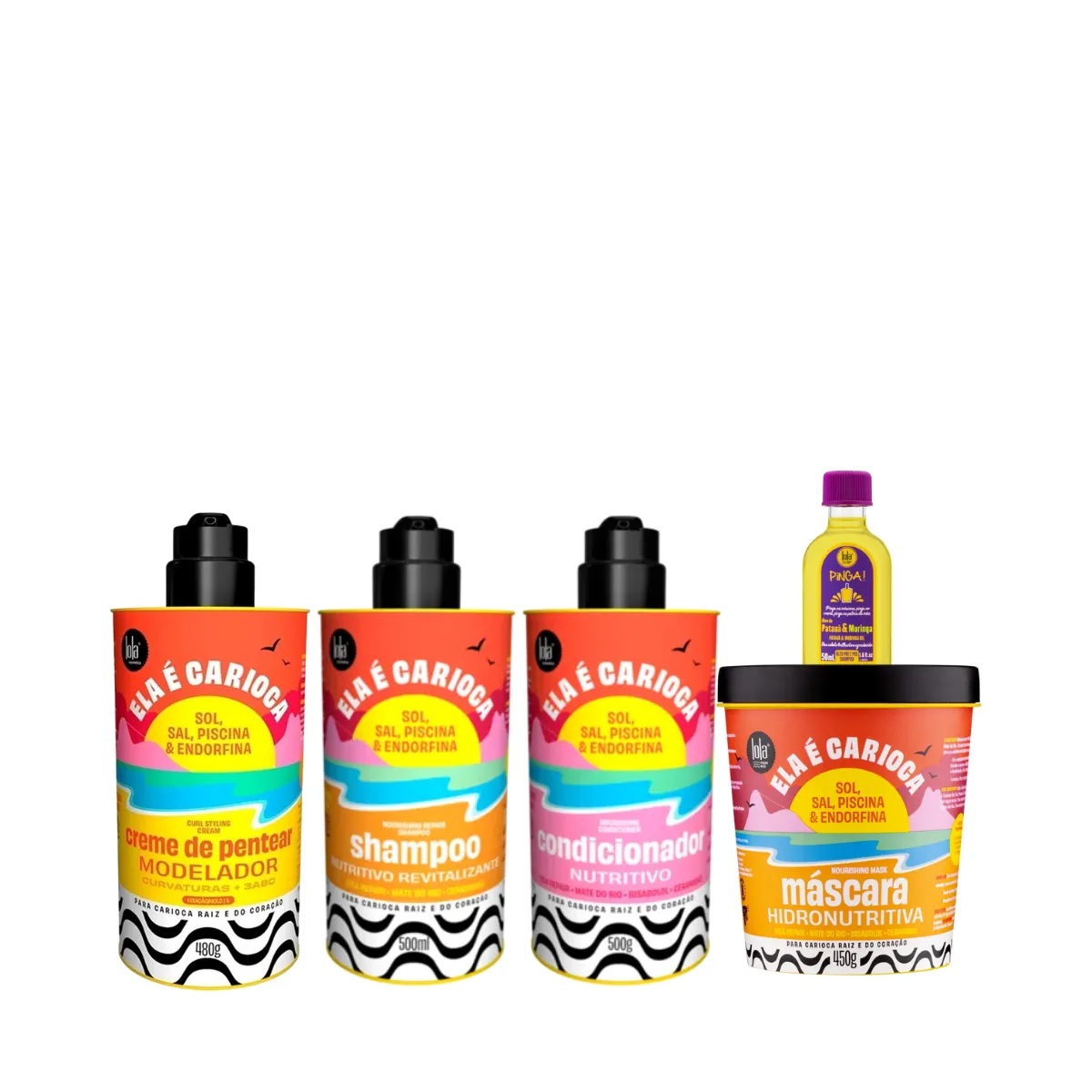 Kit Lola Ela é Carioca Shampoo + Condicionador + Mascara + Cpp 3ABC + Pinga! Óleo Pataúa e Moringa | By Linda