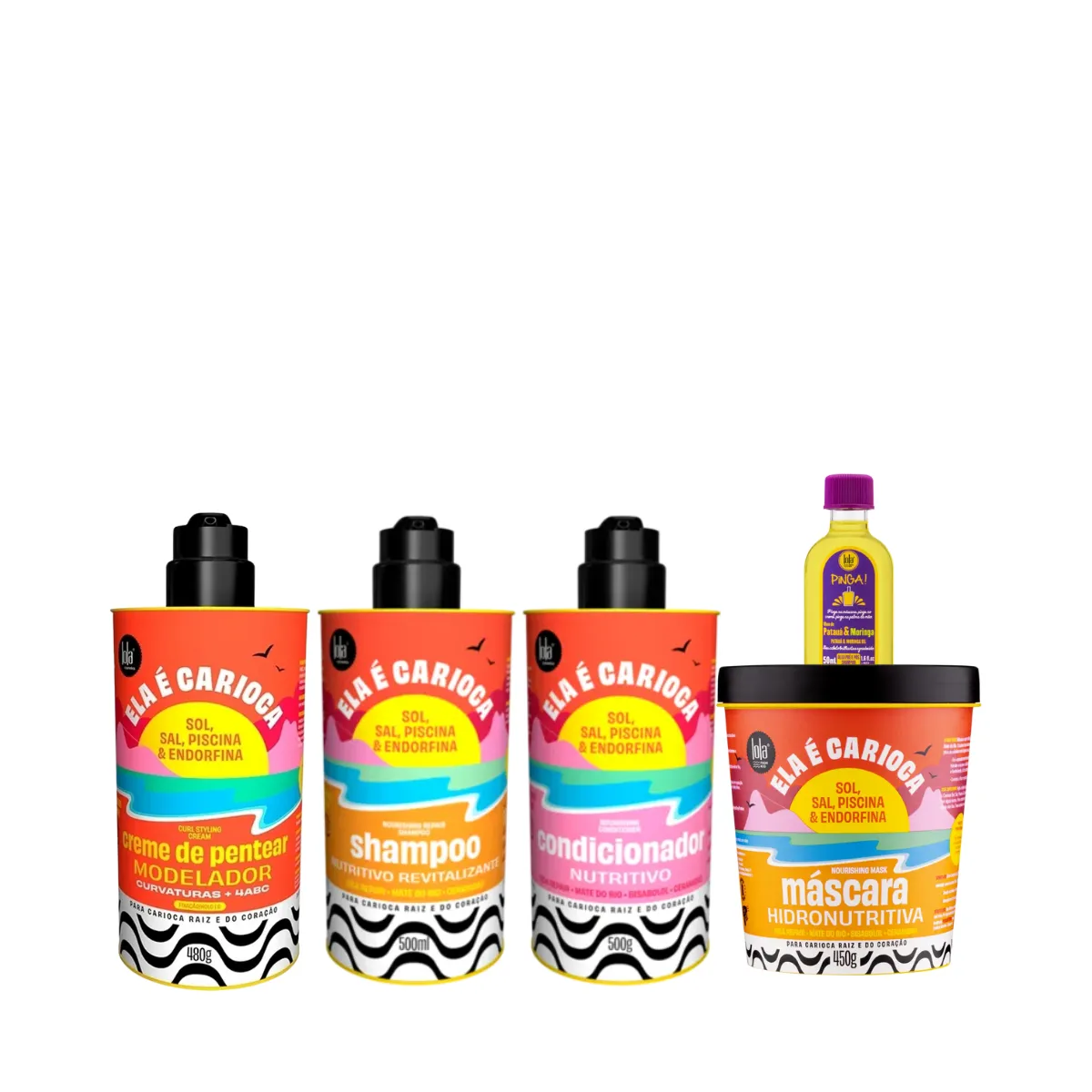 Kit Lola Ela é Carioca Shampoo + Condicionador + Mascara + Cpp 4ABC + Pinga! Óleo Pataúa e Moringa | By Linda