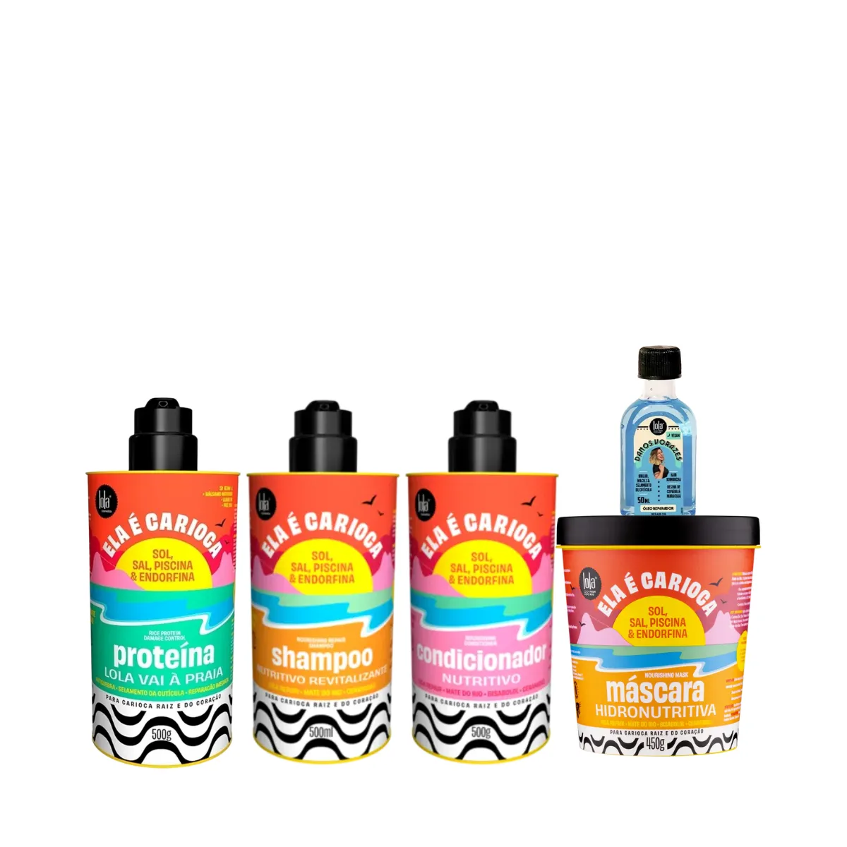 Kit Lola Ela é Carioca Shampoo + Condicionador + Mascara + Proteína + Danos Vorazes Óleo Reparador | By Linda