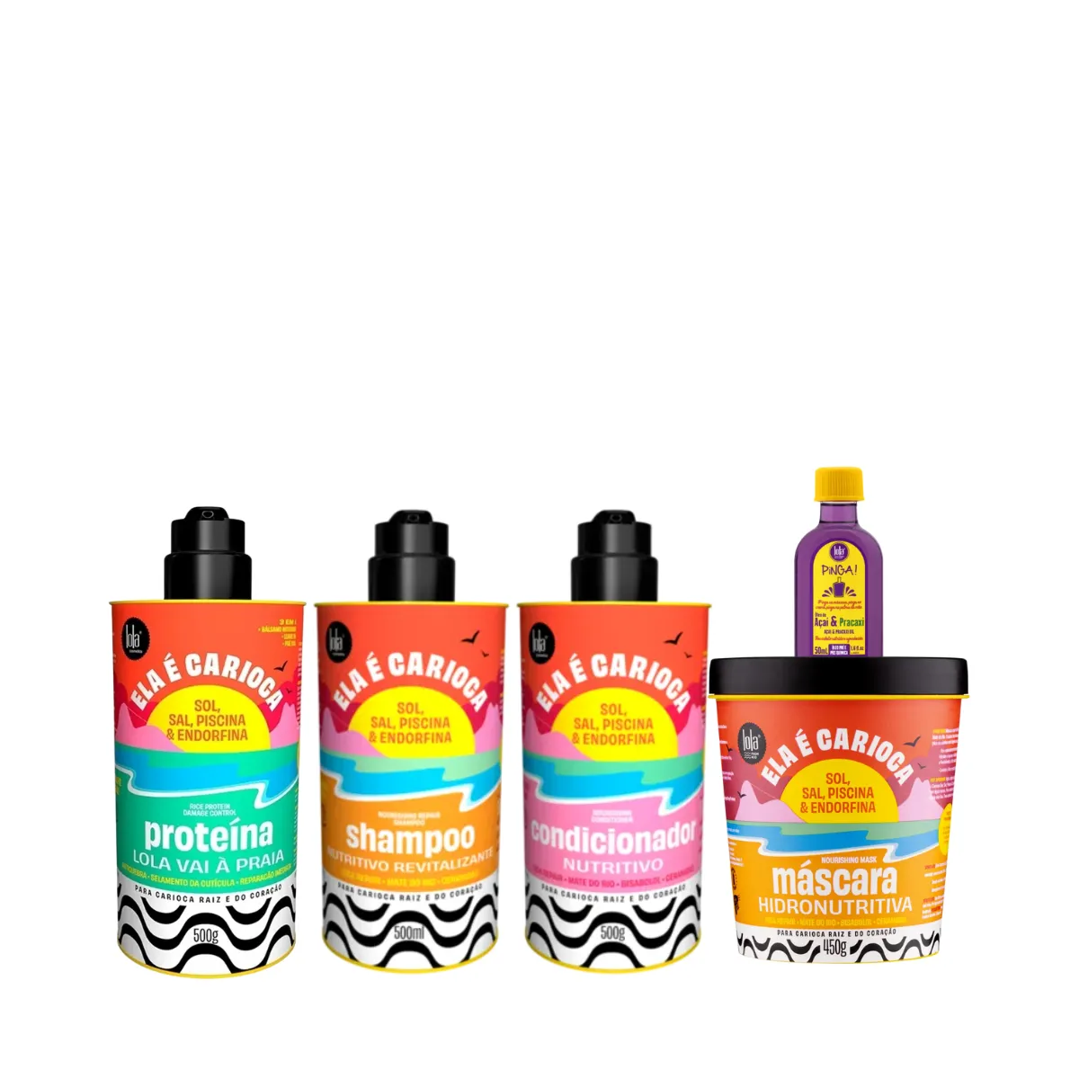 Kit Lola Ela é Carioca Shampoo + Condicionador + Mascara + Proteína + Pinga! Óleo Açaí e Pracaxi | By Linda