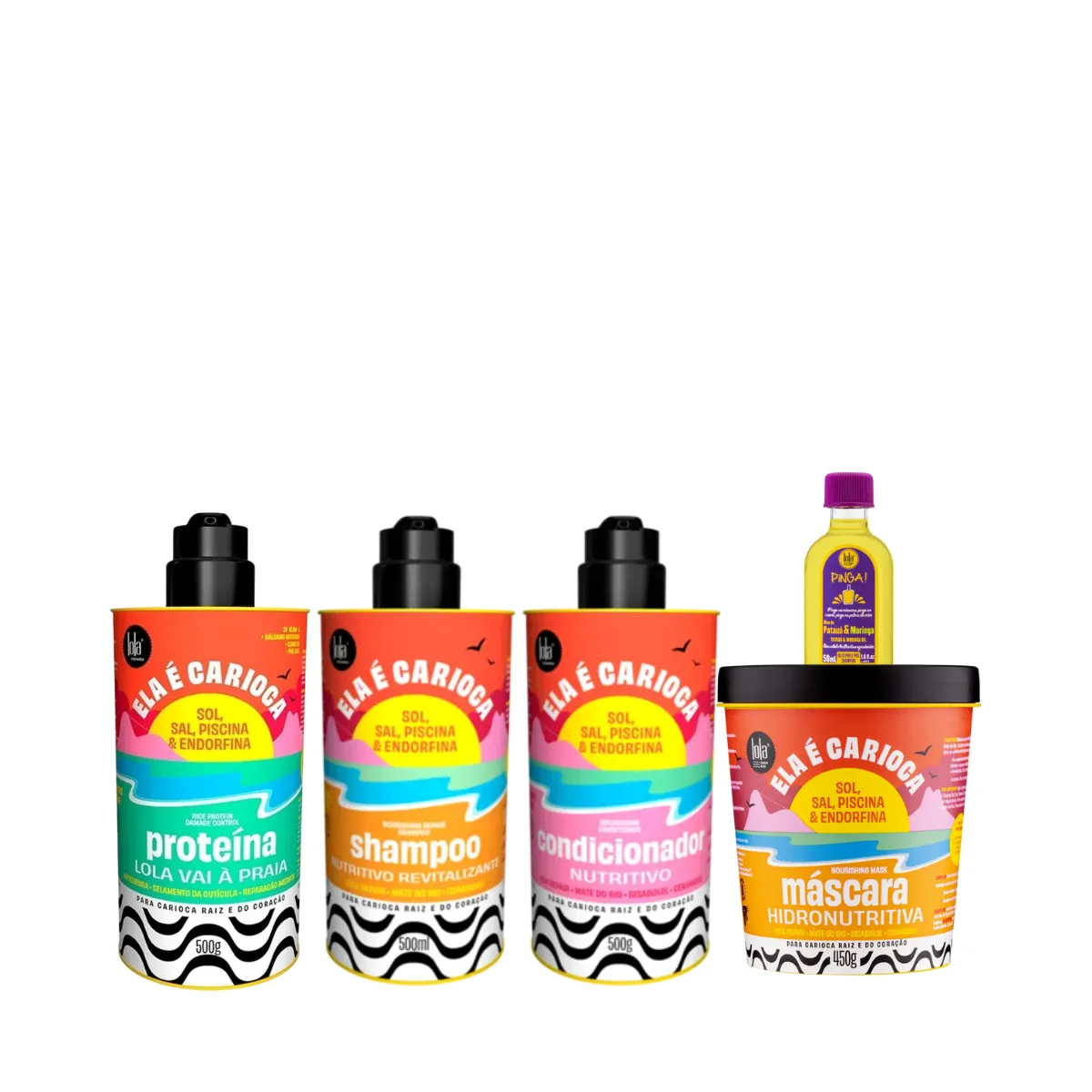 Kit Lola Ela é Carioca Shampoo + Condicionador + Mascara + Proteína + Pinga! Óleo Pataúa e Moringa | By Linda