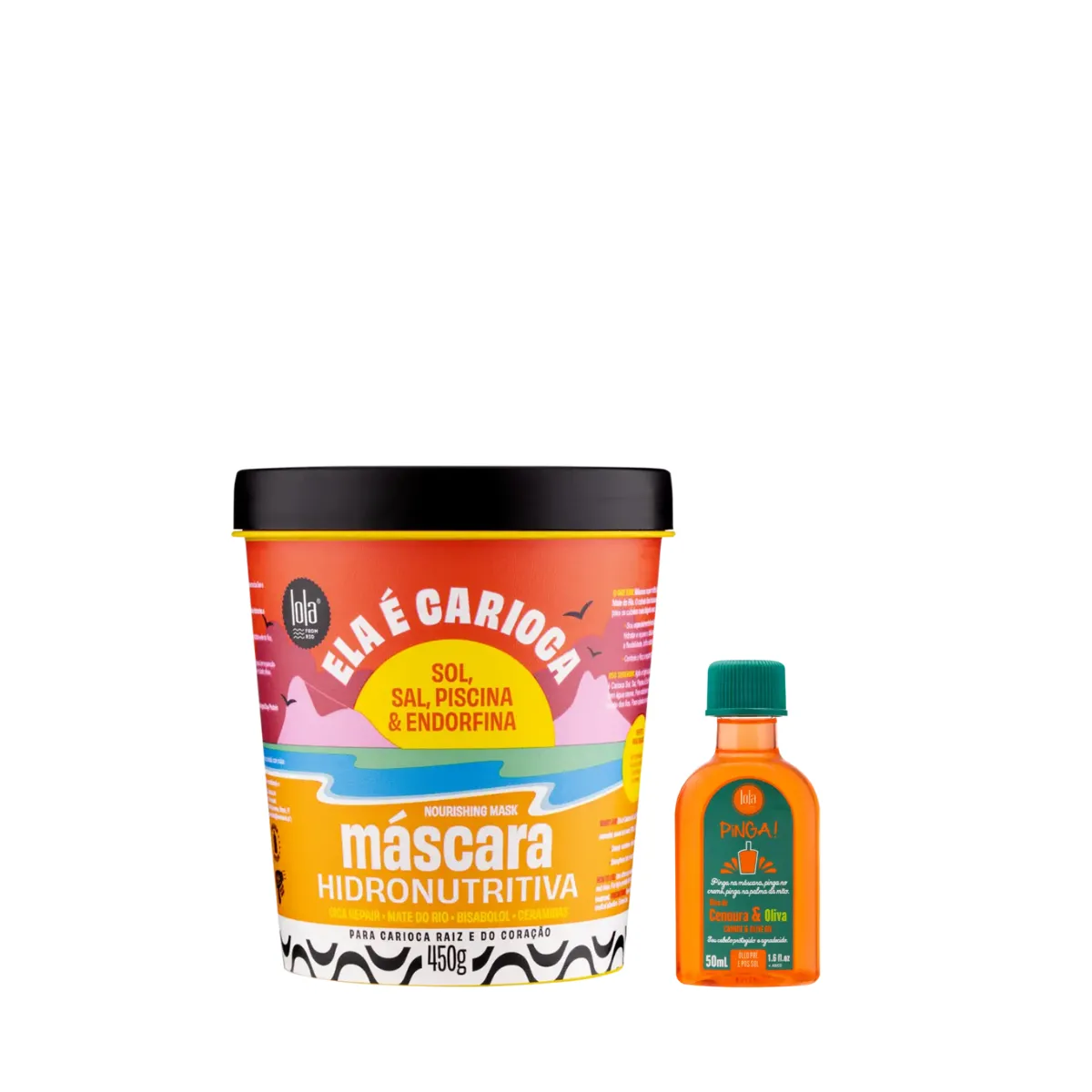 Kit Lola Ela é Carioca Masc 450ml + Pinga! Óleo Cenoura e Oliva 50ml | By Linda