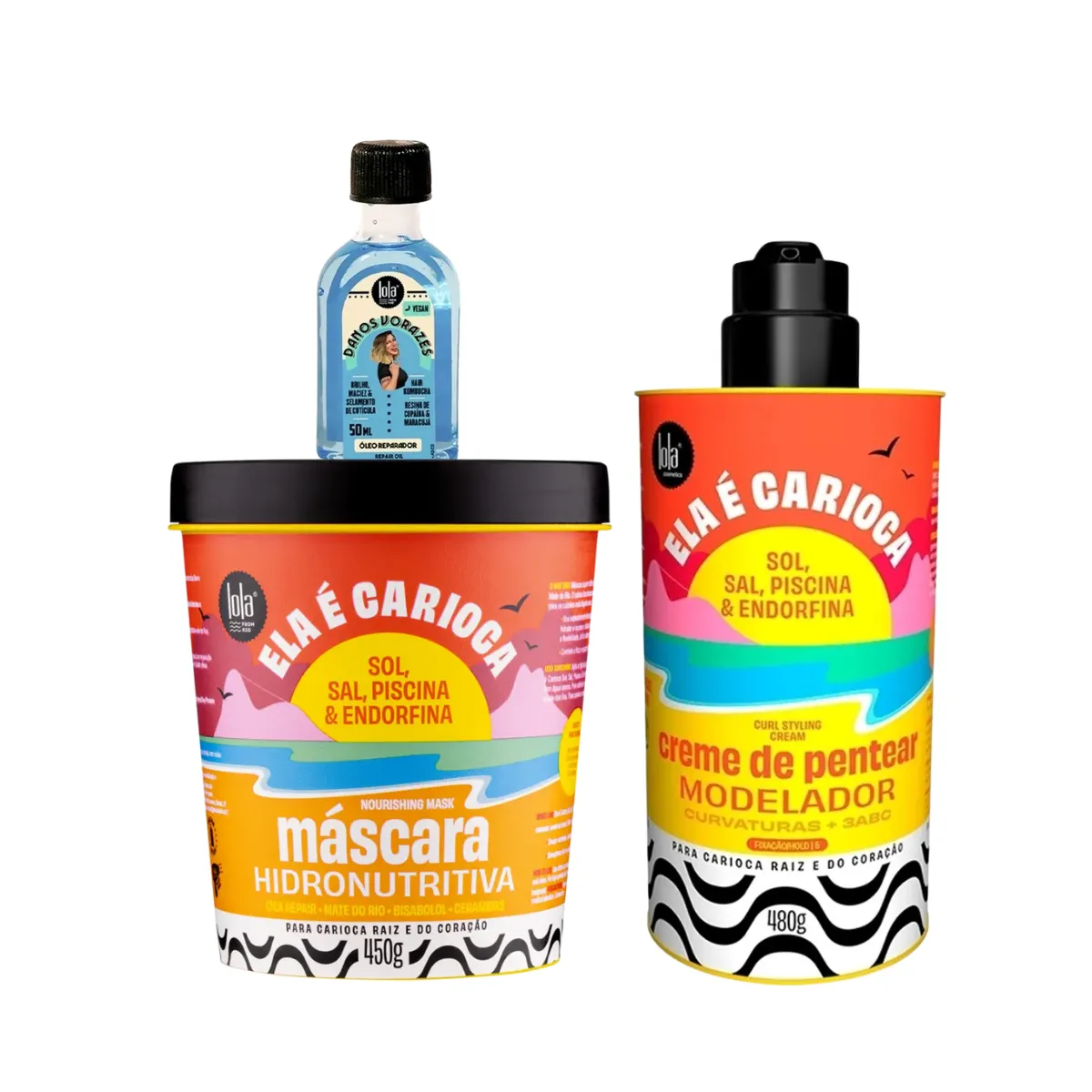 Kit Lola Ela é Carioca Masc 450ml + Cpp 3ABC 480ml + Danos Vorazes Óleo Reparador 50ml | By Linda
