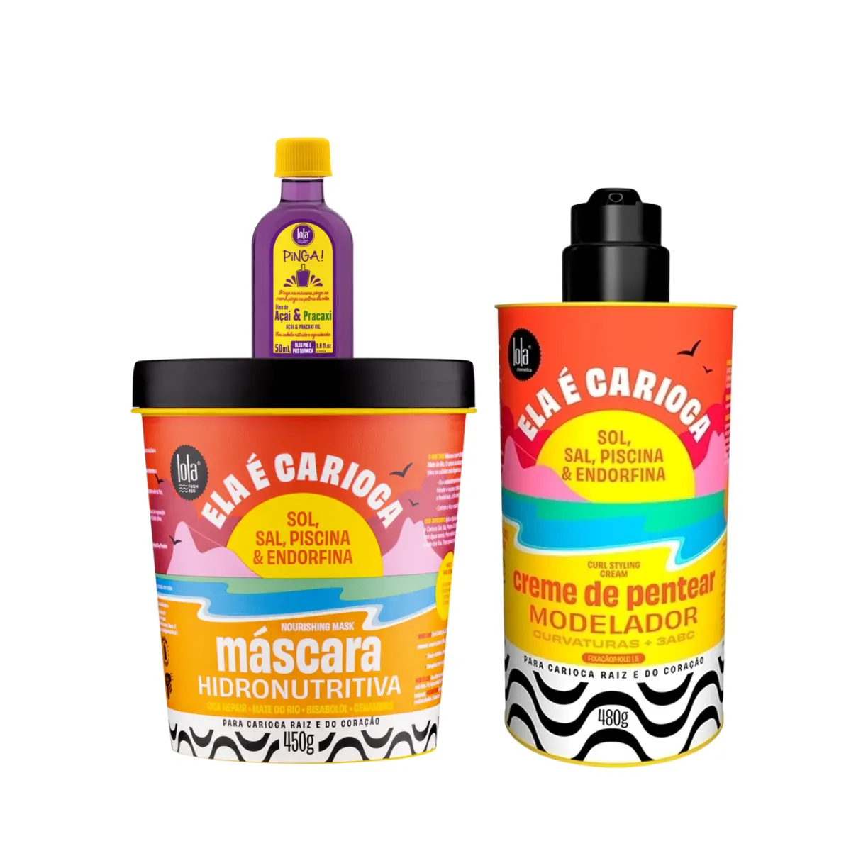 Kit Lola Ela é Carioca Masc 450ml + Cpp 3ABC 480ml + Pinga! Óleo Açaí e Pracaxi 50ml | By Linda