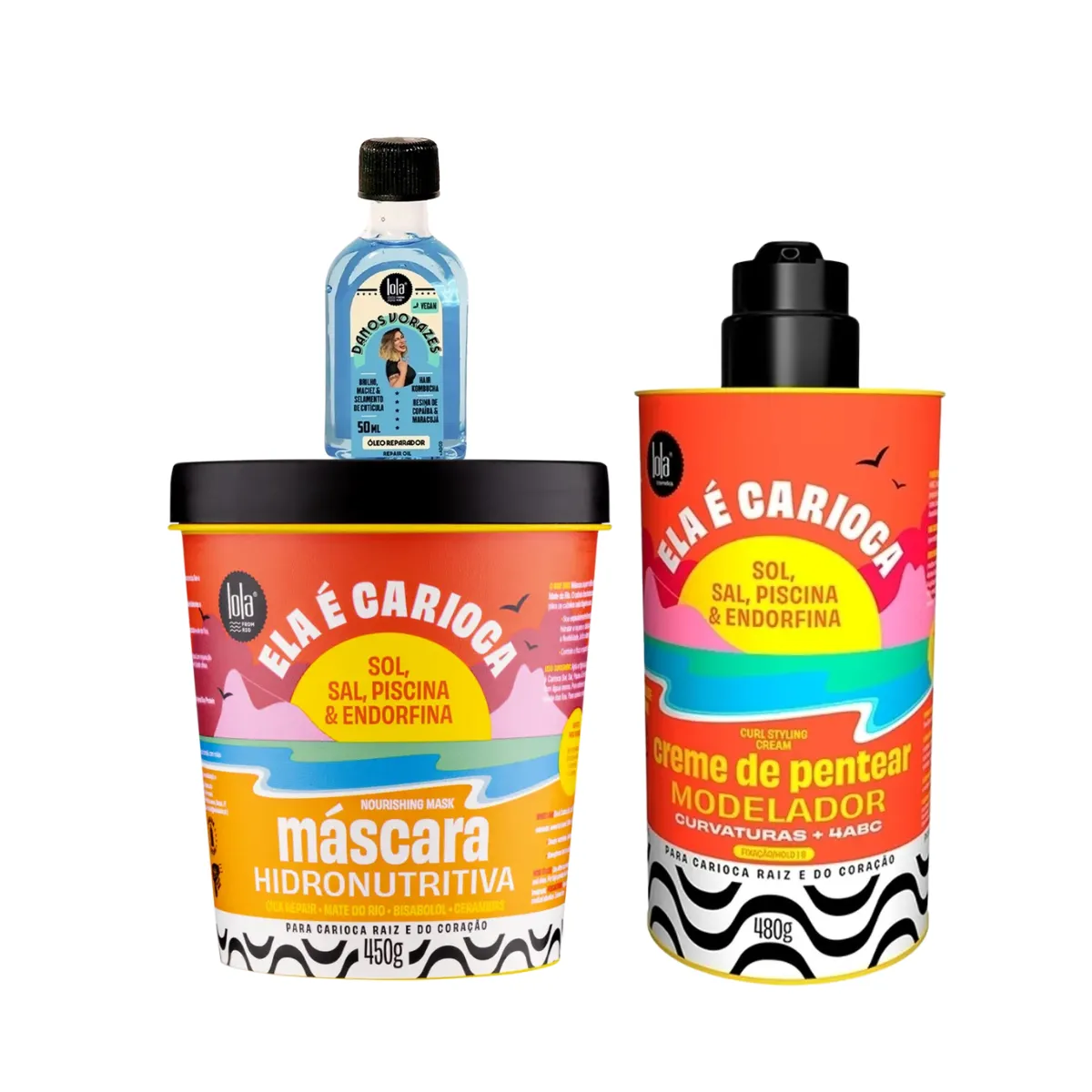 Kit Lola Ela é Carioca Masc 450ml + Cpp 4ABC 480ml + Danos Vorazes Óleo Reparador 50ml | By Linda