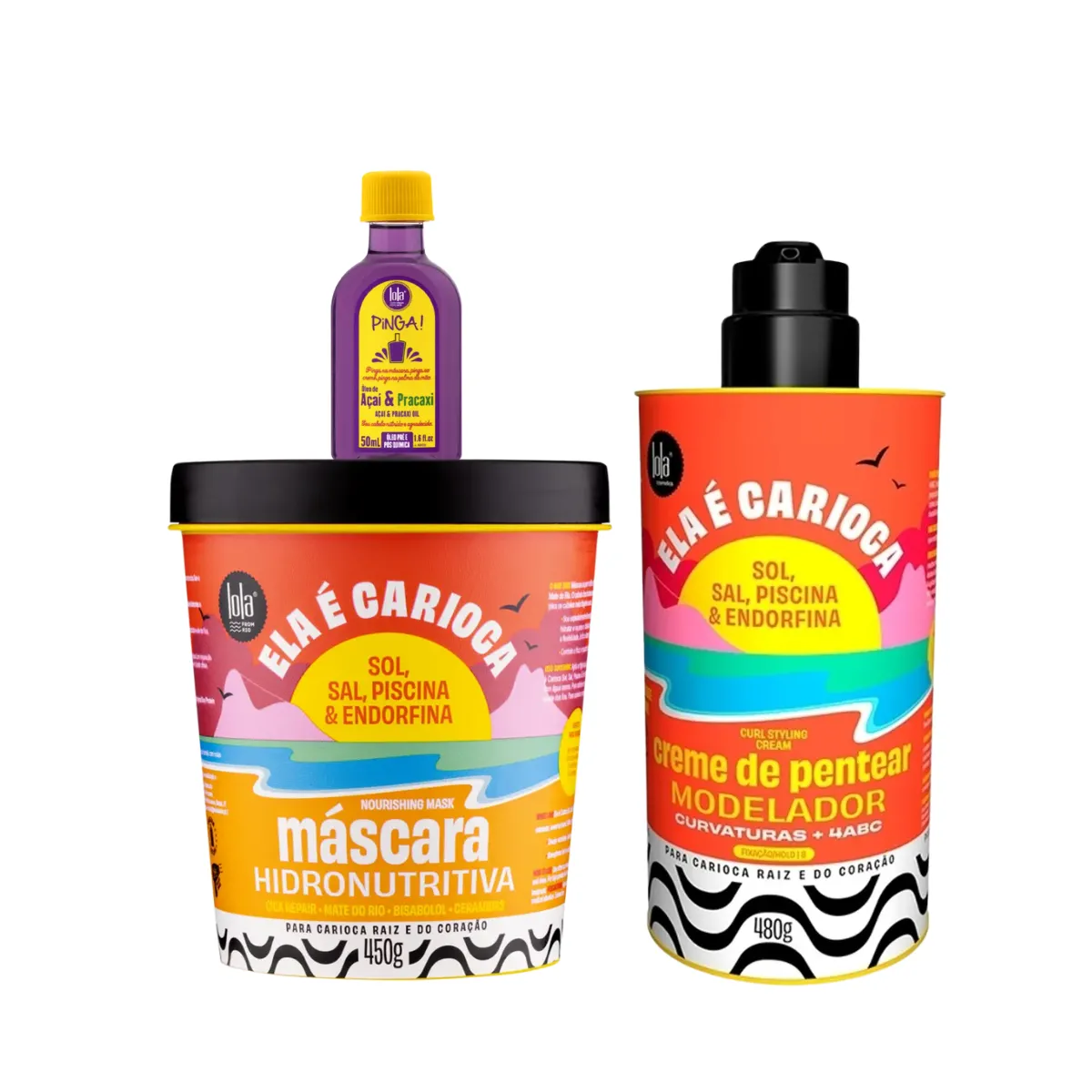 Kit Lola Ela é Carioca Masc 450ml + Cpp 4ABC 480ml + Pinga! Óleo Açaí e Pracaxi 50ml | By Linda