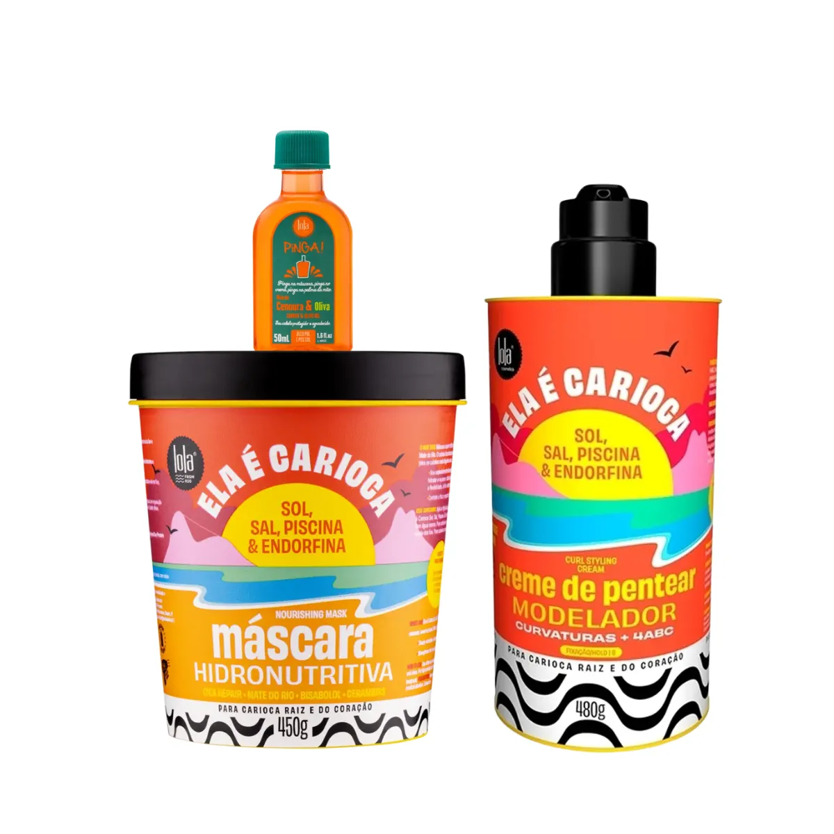 Kit Lola Ela é Carioca Masc 450ml + Cpp 4ABC 480ml + Pinga! Óleo Cenoura e Oliva 50ml | By Linda