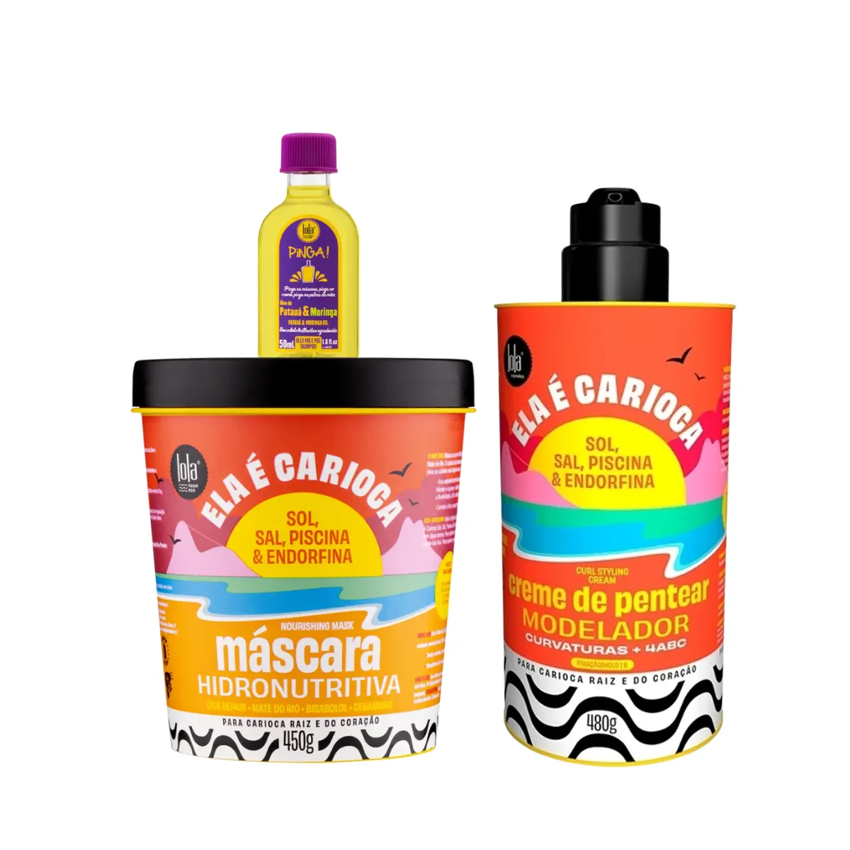 Kit Lola Ela é Carioca Masc 450ml + Cpp 4ABC 480ml + Pinga! Óleo Pataúa e Moringa 50ml | By Linda